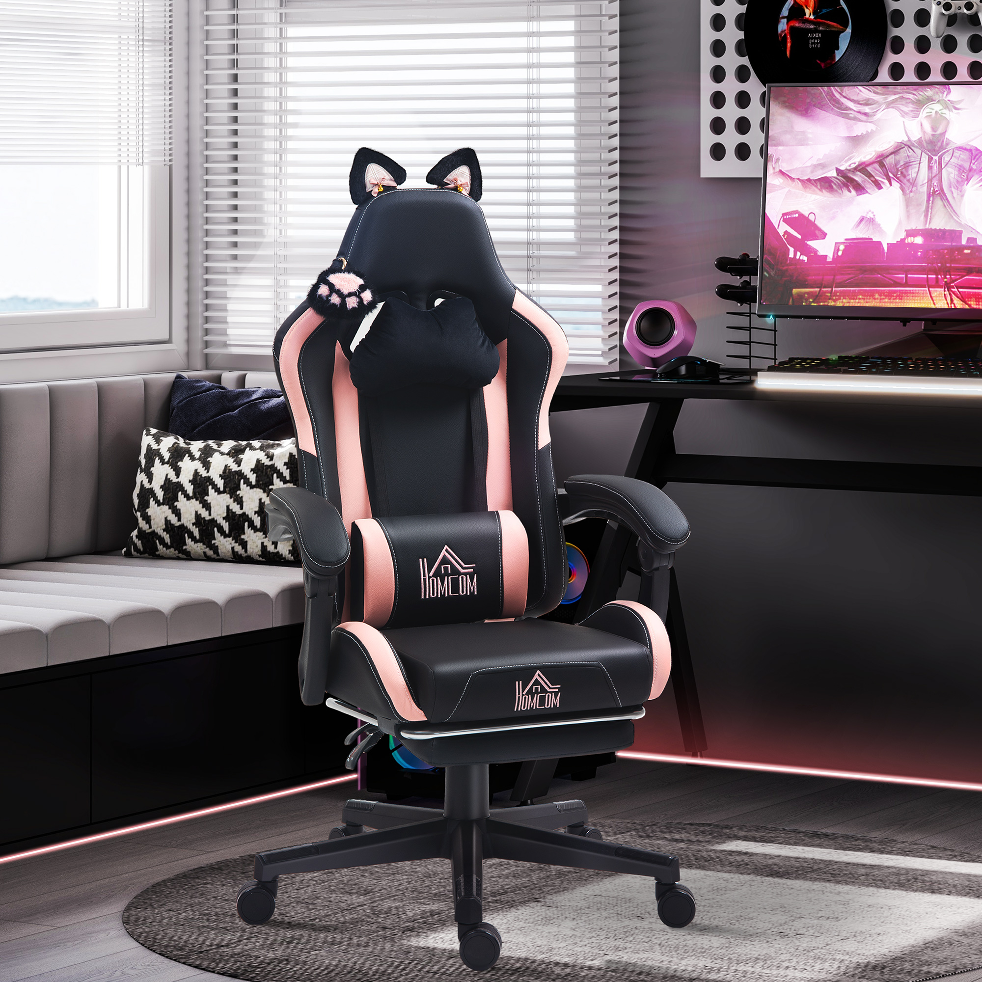 HOMCOM Gaming Stuhl mit Katzenohren, Bürostuhl mit Kunstlederbezug, Neigbar günstig online kaufen