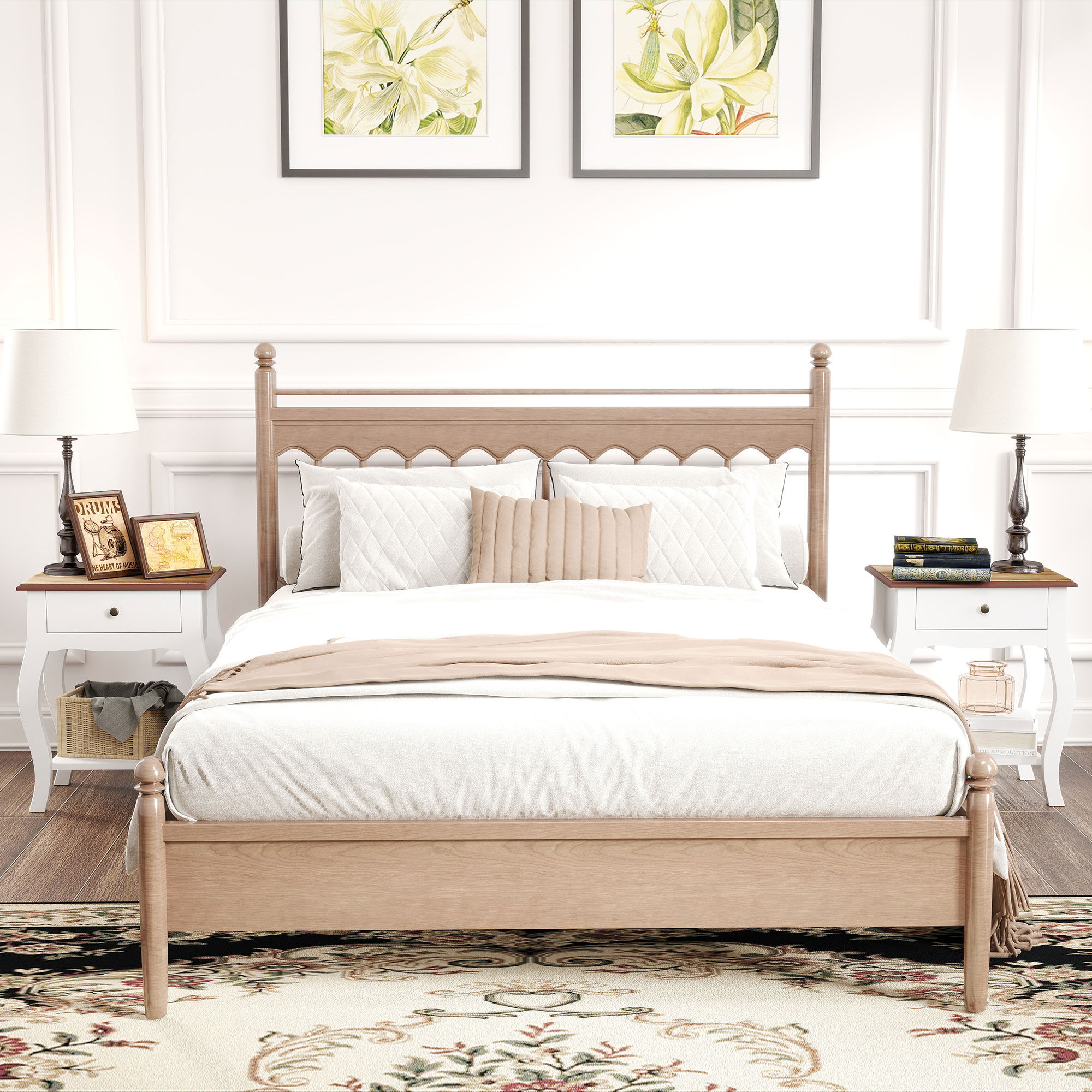HOMCOM Set 2 Comodini Stile Francese Con Cassetto E Ripiano – Bianco E Rovere - 2