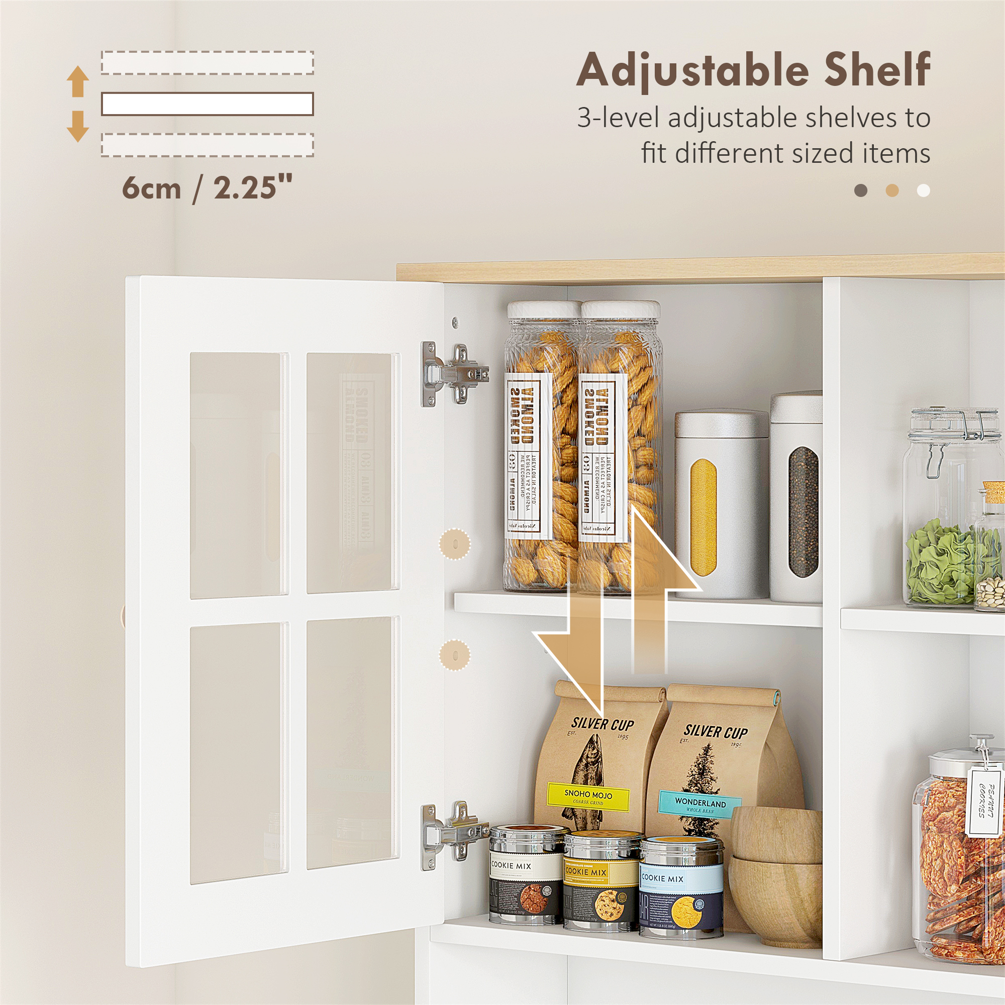 HOMCOM Freestanding Kitchen Cupboard, Storage Cabinet with Doors and Adjustable Shelves, Counter Top, Grid Glass Doors, 80L x 37W x 183H cm White 6