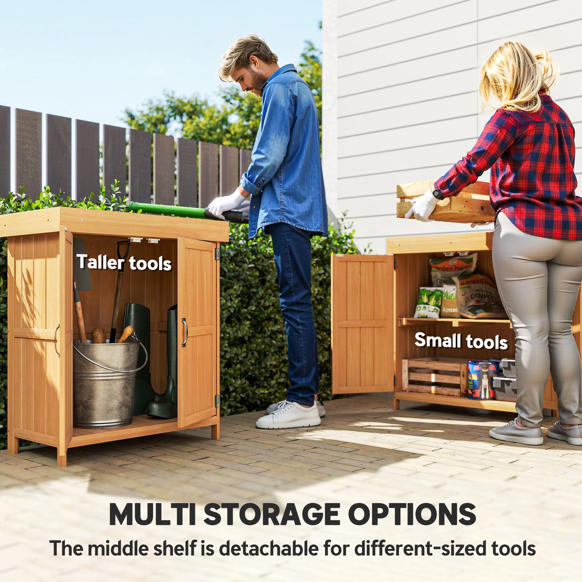 Outsunny Small Shed, Wooden Garden Shed with Openable Hinged Roof and Removable Shelf, Outdoor Tool Storage Cabinet Chest with Double Doors, 74 x 43 x 88 cm, Natural Wood Finish 5