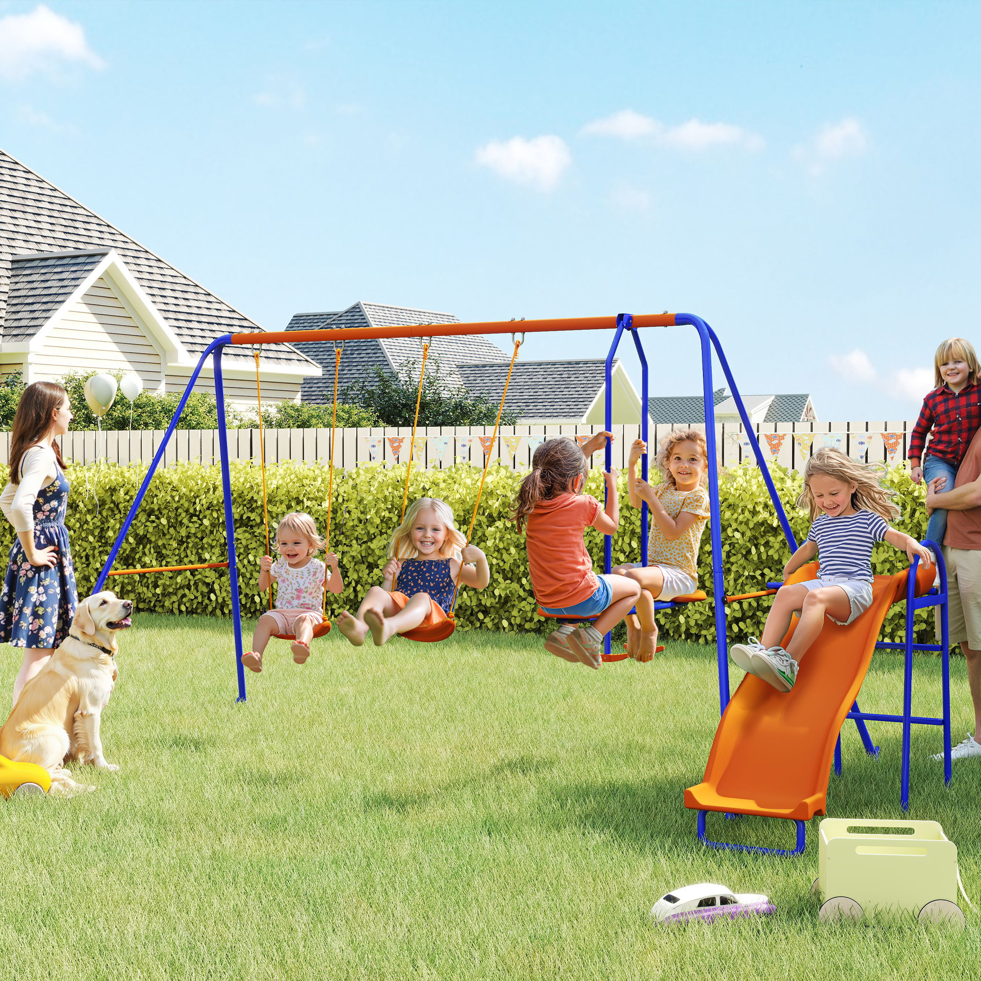 Outsunny 4 in 1 Metal Garden Swing Set with Double Swings
