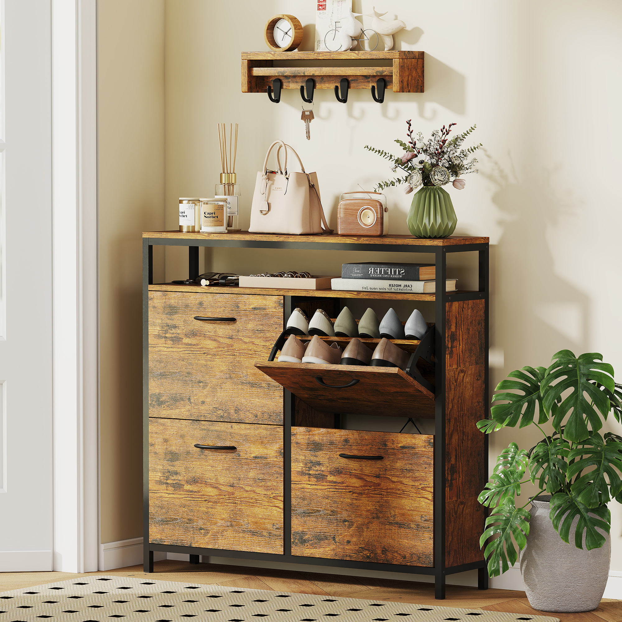 HOMCOM Schuhschrank mit 4 Klappen Schmal Schuhkipper mit Verstellbar Trennw günstig online kaufen