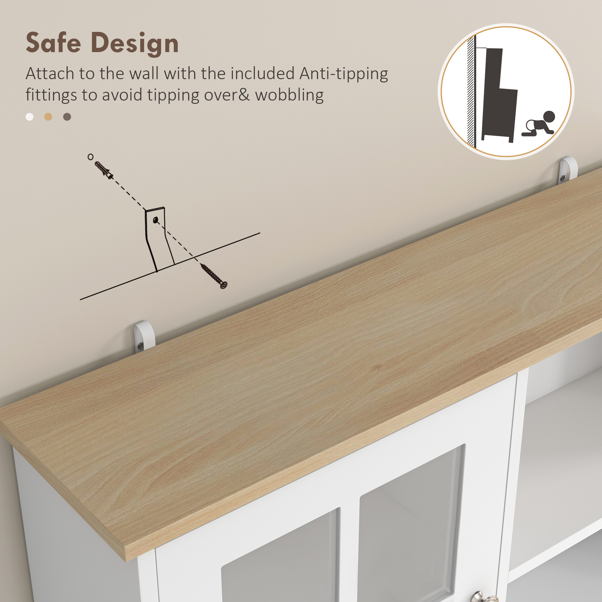 HOMCOM Freestanding Kitchen Cupboard, Storage Cabinet with Doors and Adjustable Shelves, Counter Top, Grid Glass Doors, 80L x 37W x 183H cm White 8