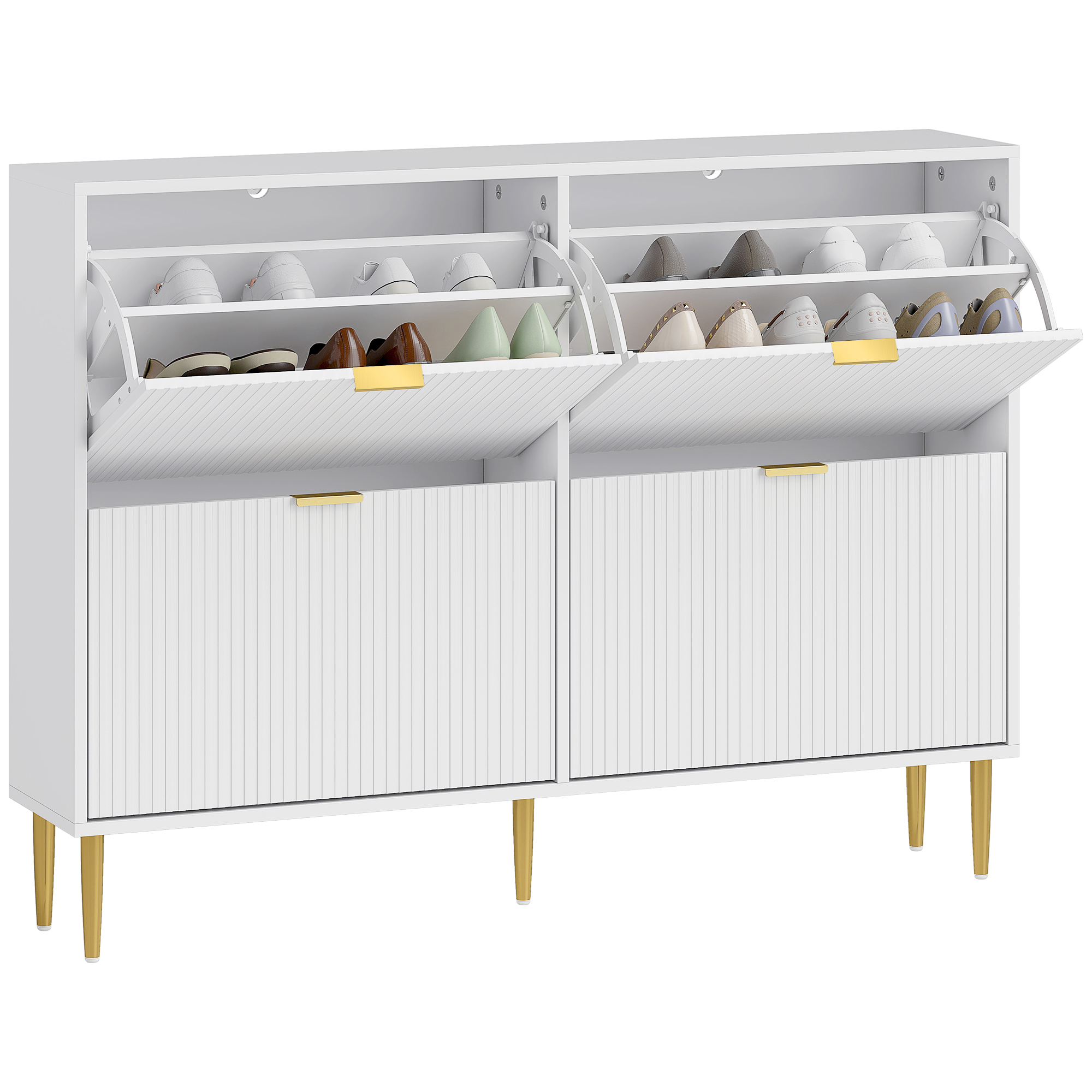 Image of HOMCOM Scarpiera Slim per 20 Paia di Scarpe con 4 Cassetti a Ribalta e Ripiani Regolabili, 105x24x91.5 cm, Bianco Aosom Italy006
