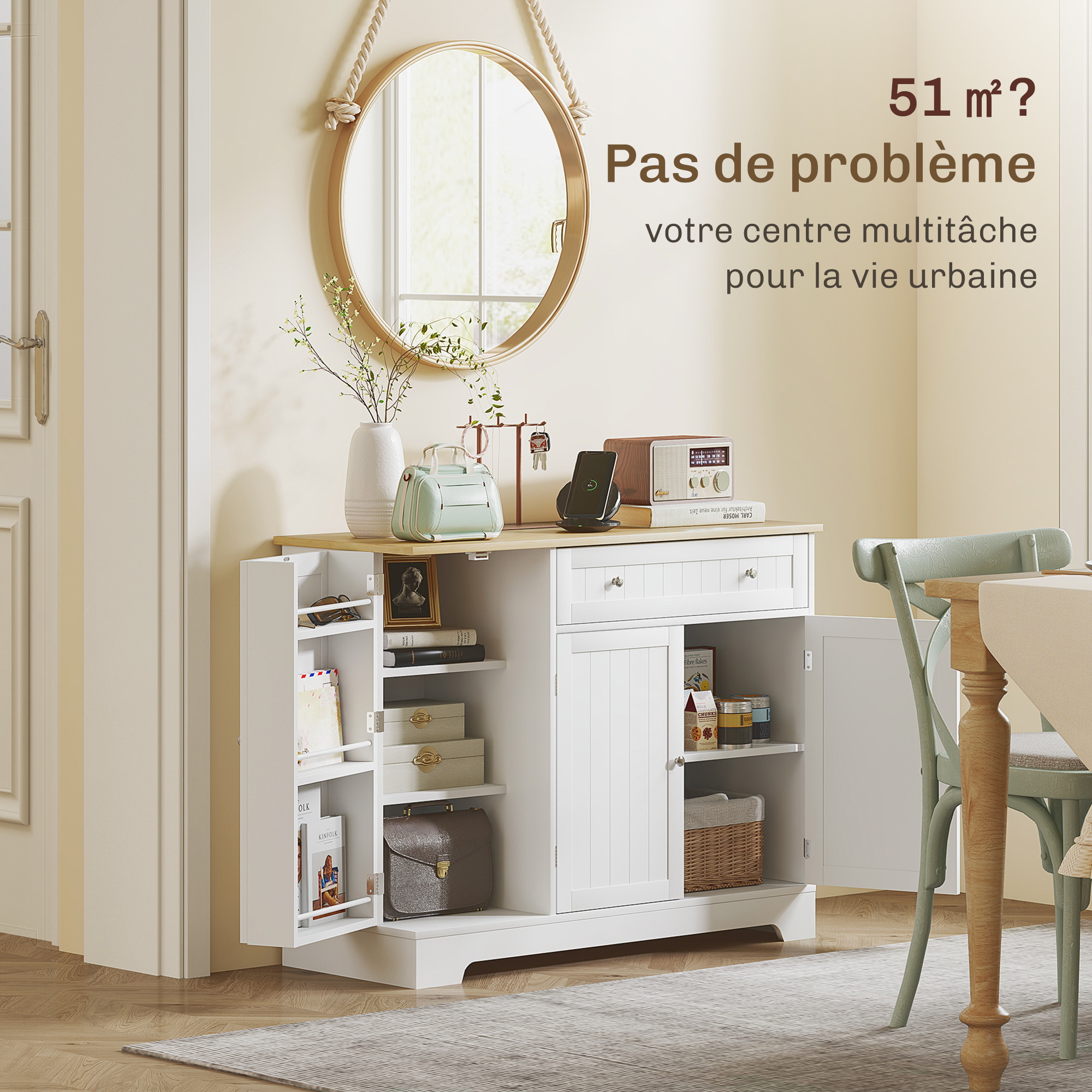 HOMCOM Buffet De Cuisine Moderne Avec Porte Verre, Tiroir Et Étagères Réglables - Blanc 80x30x82cm