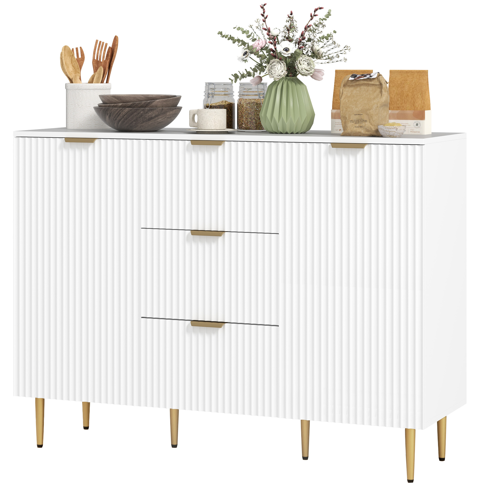 HOMCOM Buffet Küchenmöbel Aufbewahrung mit 3 Schubladen, höhenverstellbaren Regalen, Schranktüren mit Rillen und Metallbeinen, Ess- und Wohnzimmerbuffet, 120 x 40 x 90 cm, weiß Aosom