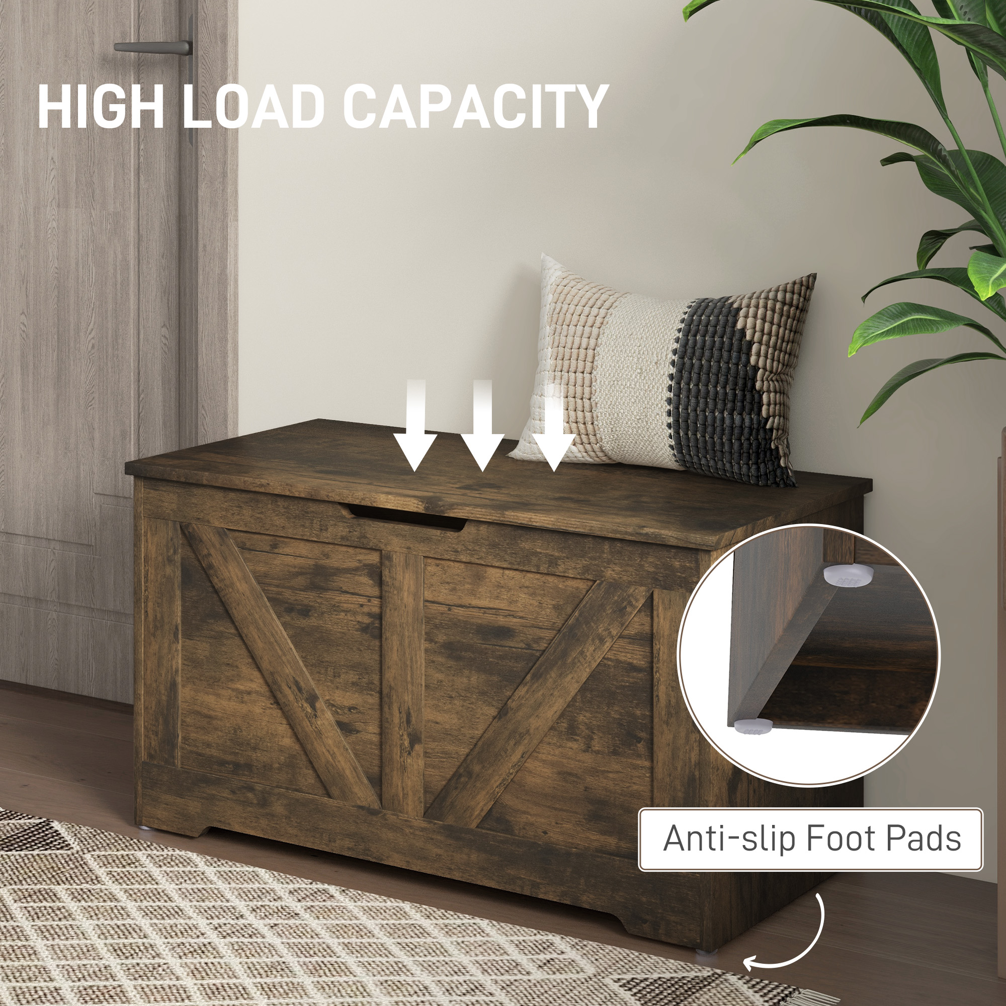 HOMCOM 100L Home Storage Box, with Safety Hinges Rustic Brown 6