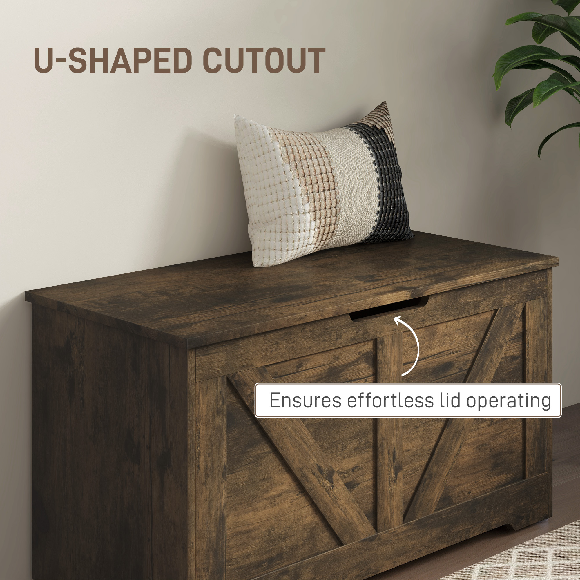 HOMCOM 100L Home Storage Box, with Safety Hinges Rustic Brown 7