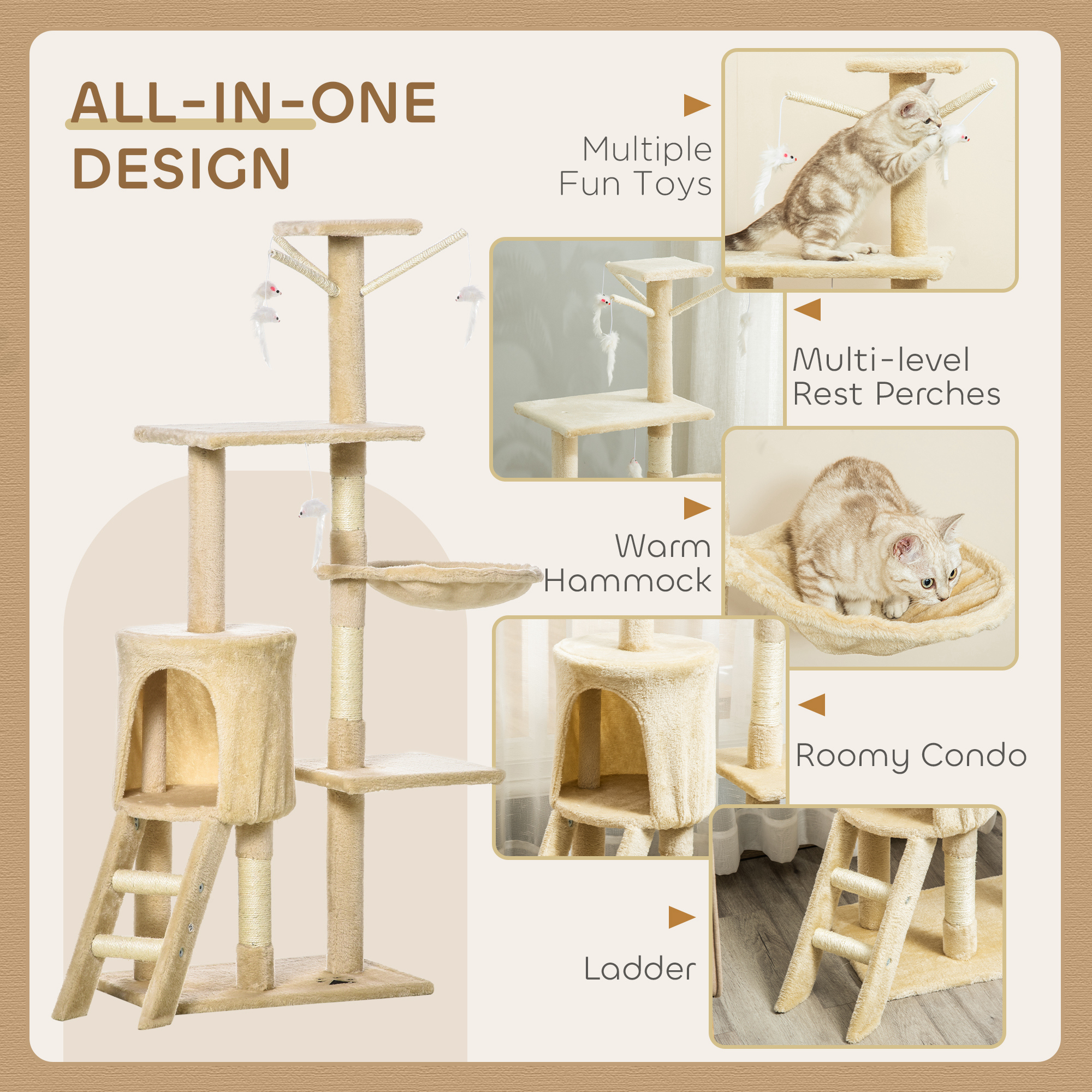 PawHut Multi-Level Cat Tree with Scratching Post, Ladder, Cat House, Beige 7