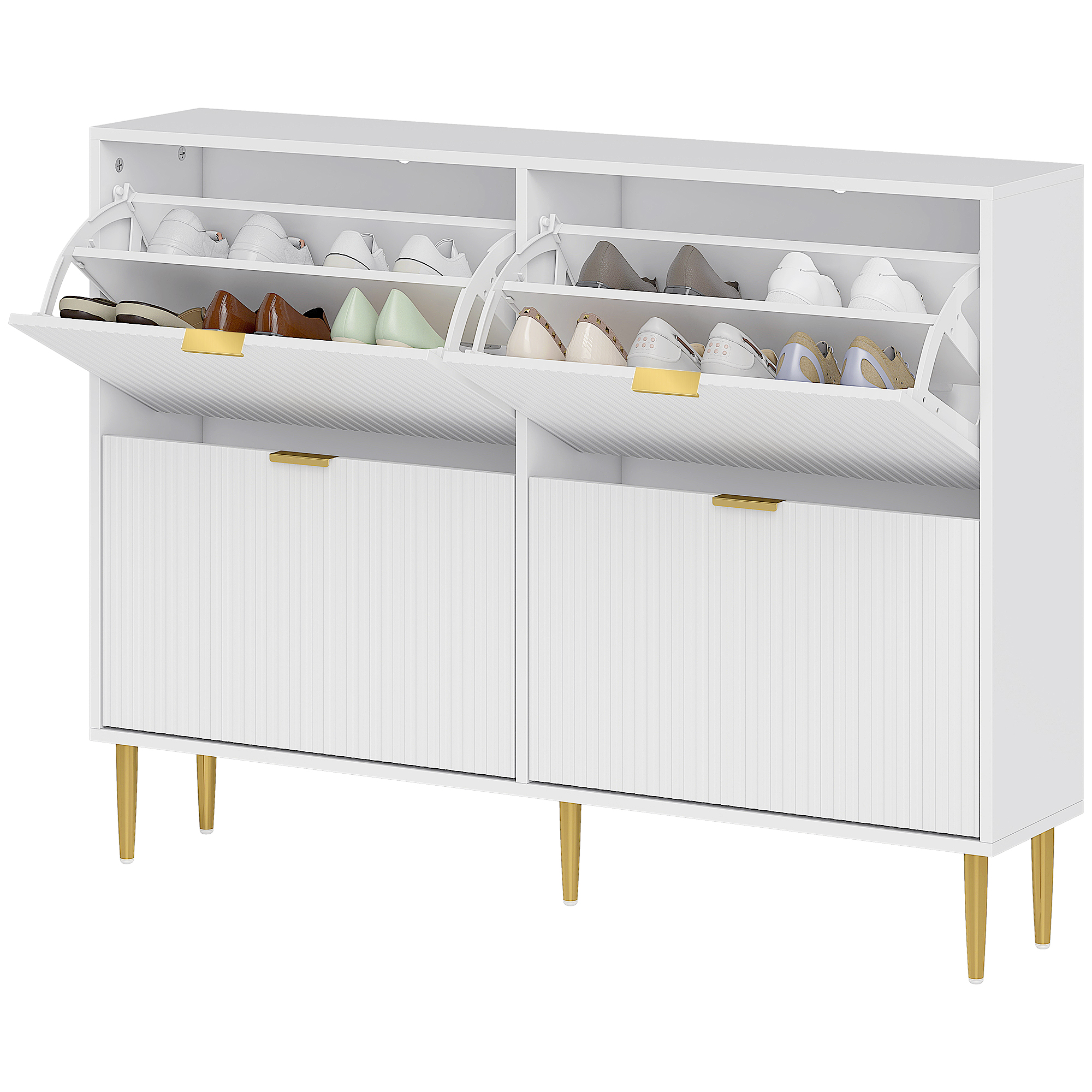 HOMCOM Meuble à chaussures 20 paires avec 4 tiroirs rabattables, portes cannelées et étagères réglables, 105x24x91,5cm, blanc