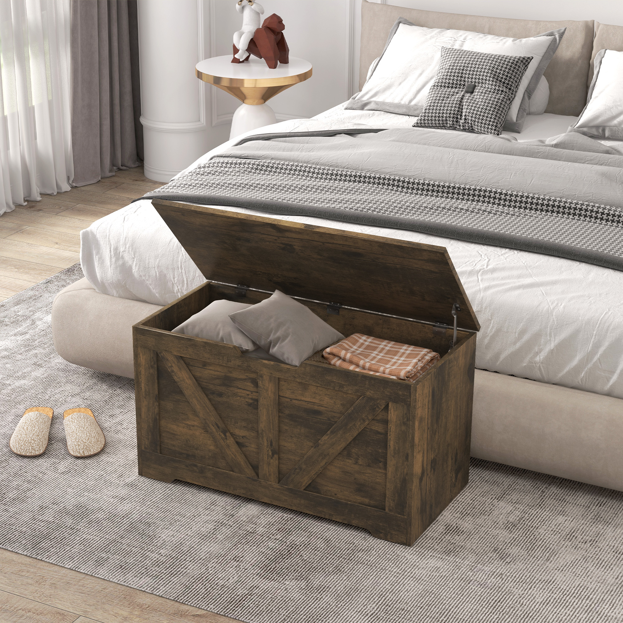 HOMCOM 100L Home Storage Box, with Safety Hinges Rustic Brown 8