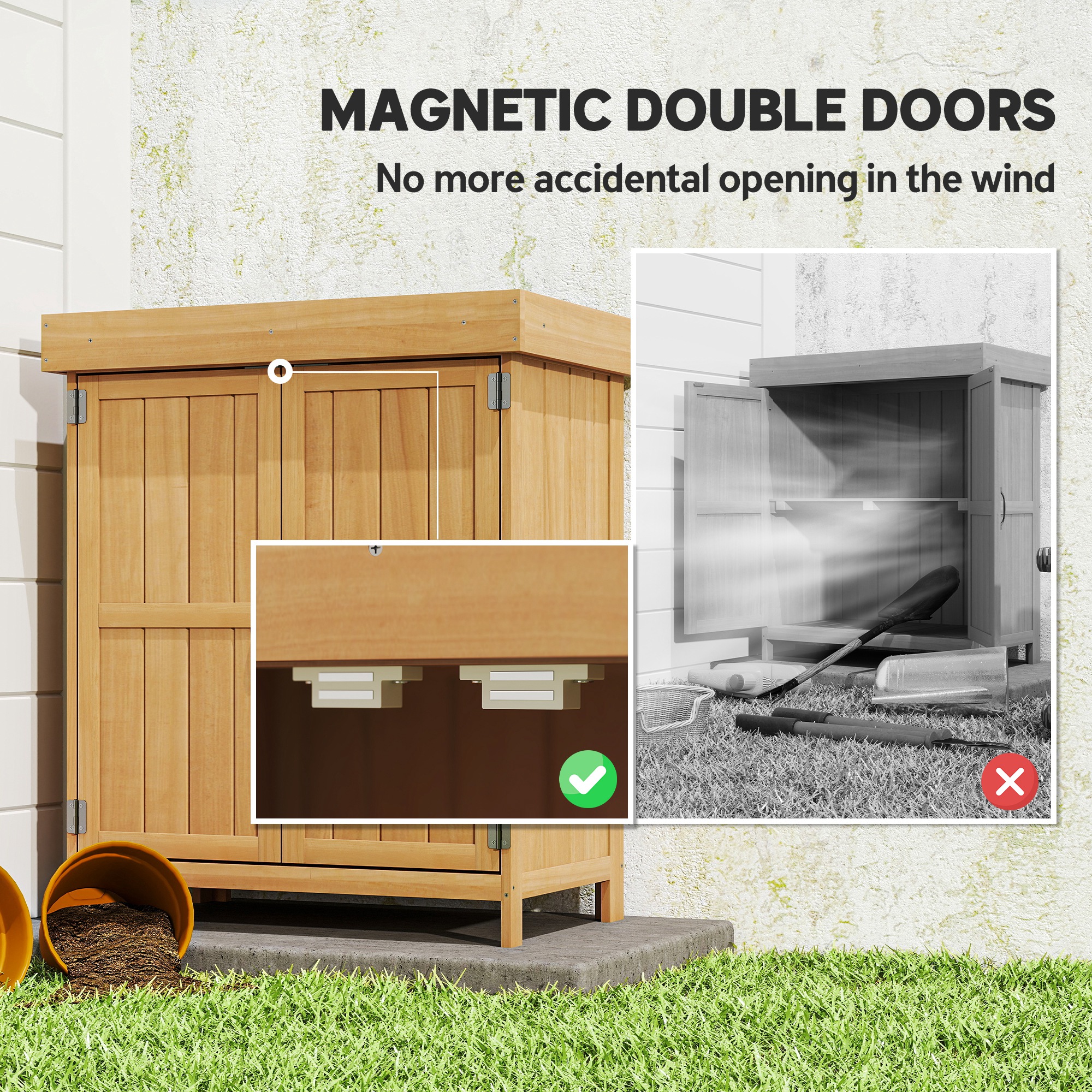 Outsunny Small Shed, Wooden Garden Shed with Openable Hinged Roof and Removable Shelf, Outdoor Tool Storage Cabinet Chest with Double Doors, 74 x 43 x 88 cm, Natural Wood Finish 6