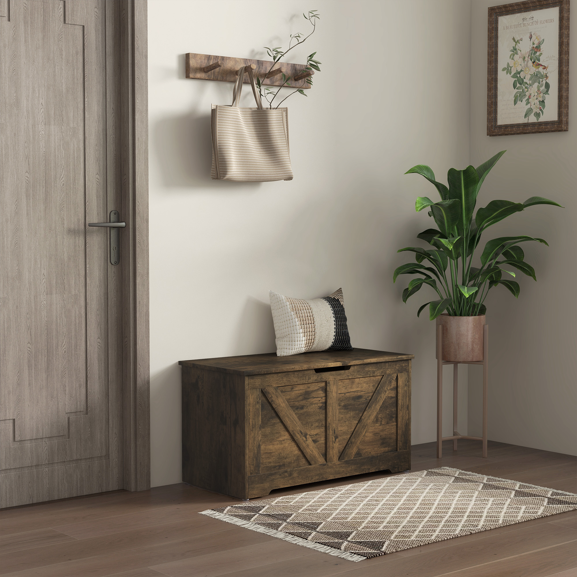 HOMCOM 100L Home Storage Box, with Safety Hinges Rustic Brown 2