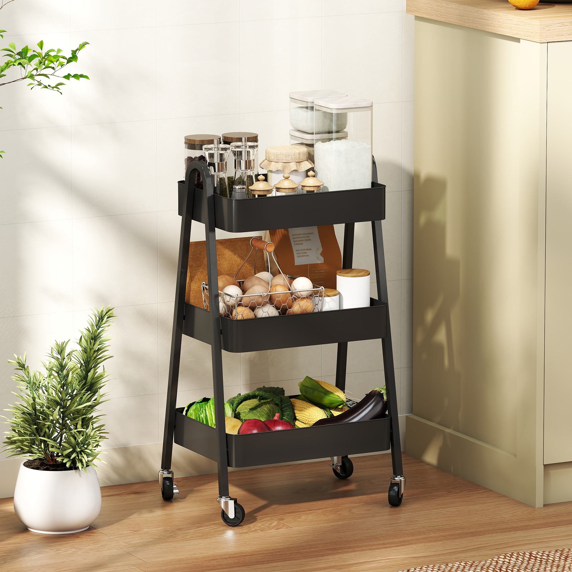 HOMCOM Three-Tier Storage Trolley - Black