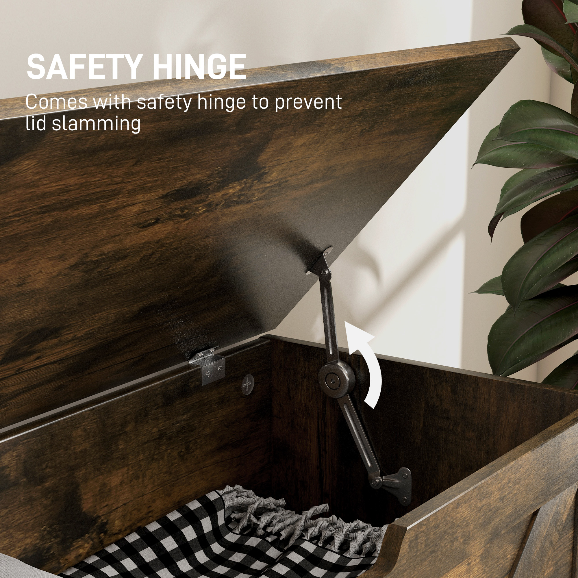 HOMCOM 100L Home Storage Box, with Safety Hinges Rustic Brown 5