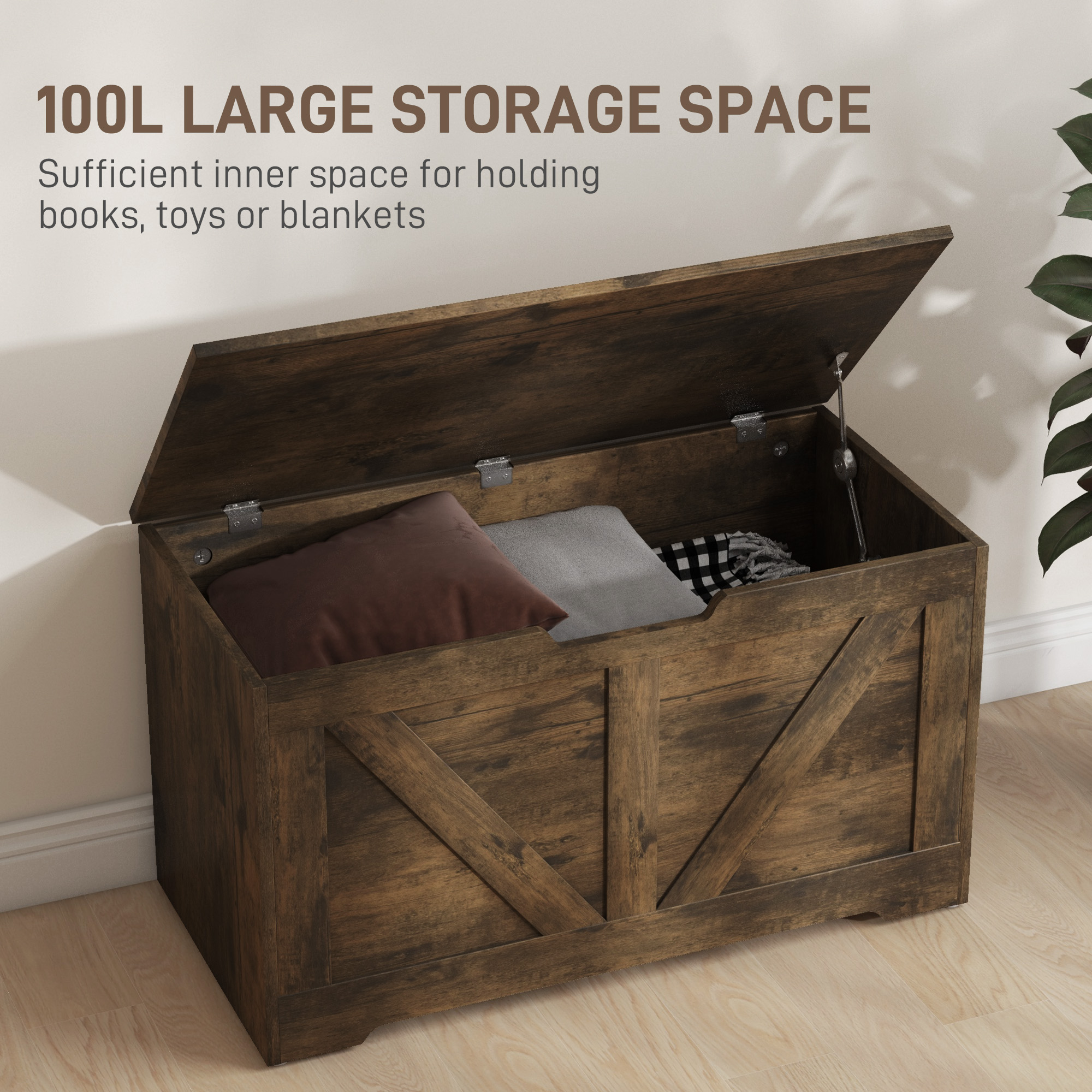 HOMCOM 100L Home Storage Box, with Safety Hinges Rustic Brown 4