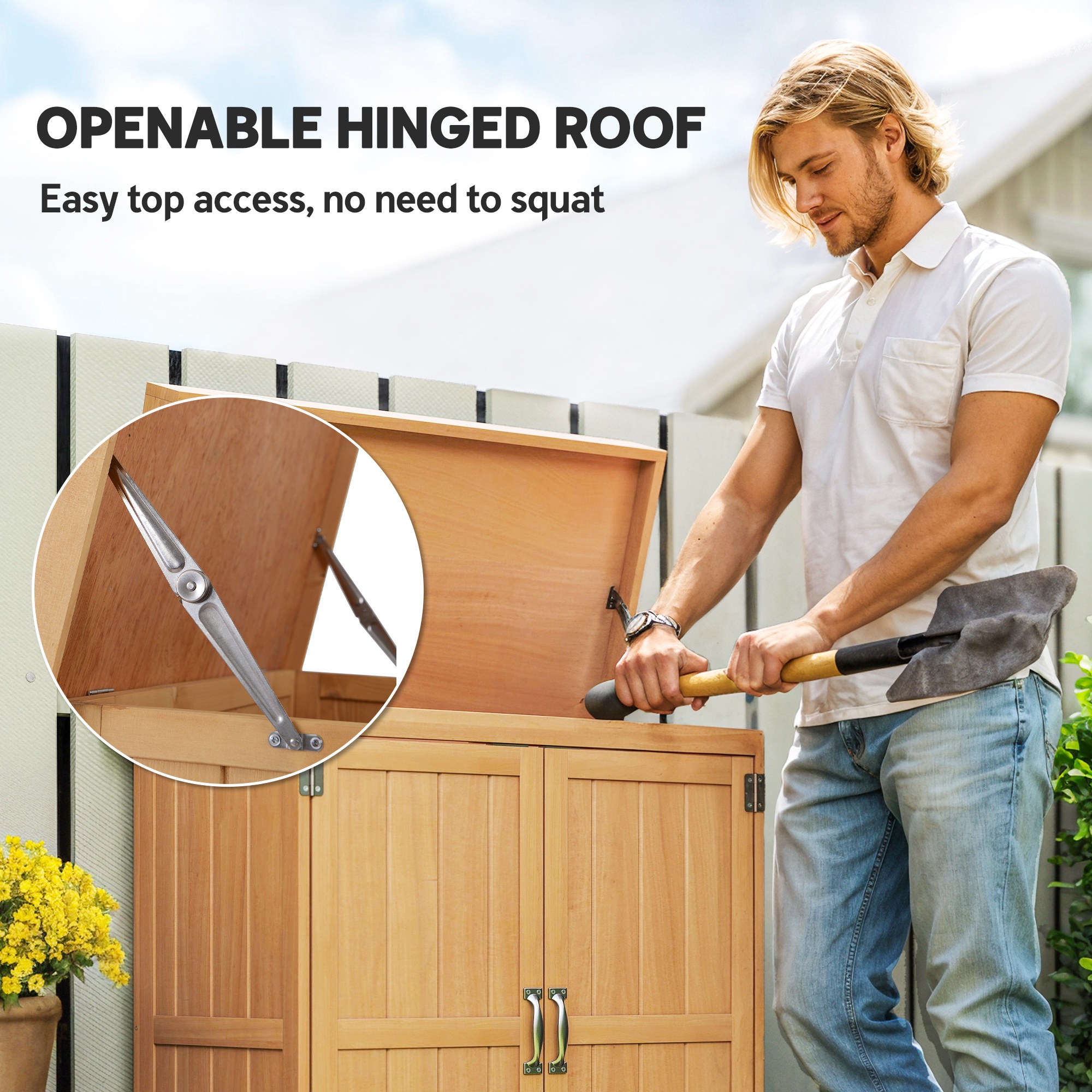 Outsunny Small Shed, Wooden Garden Shed with Openable Hinged Roof and Removable Shelf, Outdoor Tool Storage Cabinet Chest with Double Doors, 74 x 43 x 88 cm, Natural Wood Finish 4