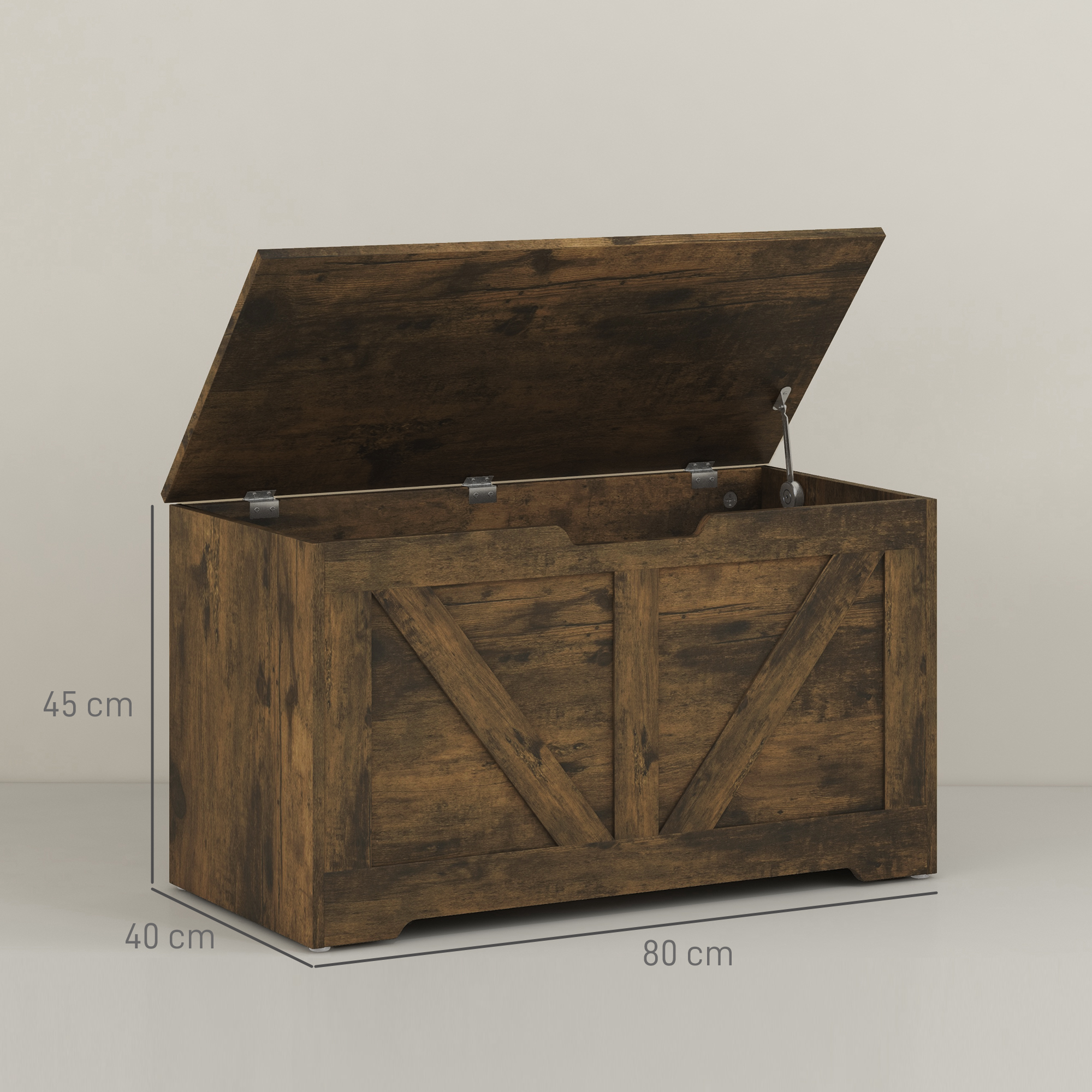 HOMCOM 100L Home Storage Box, with Safety Hinges Rustic Brown 3