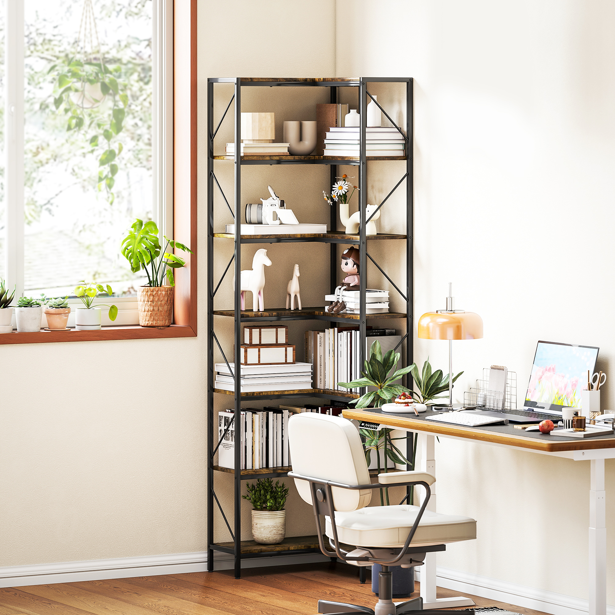  Biblioteca de Colt Industriala cu 7 Nivele, din Lemn si Otel, 60x60x198 cm, Maro Rustic [6]