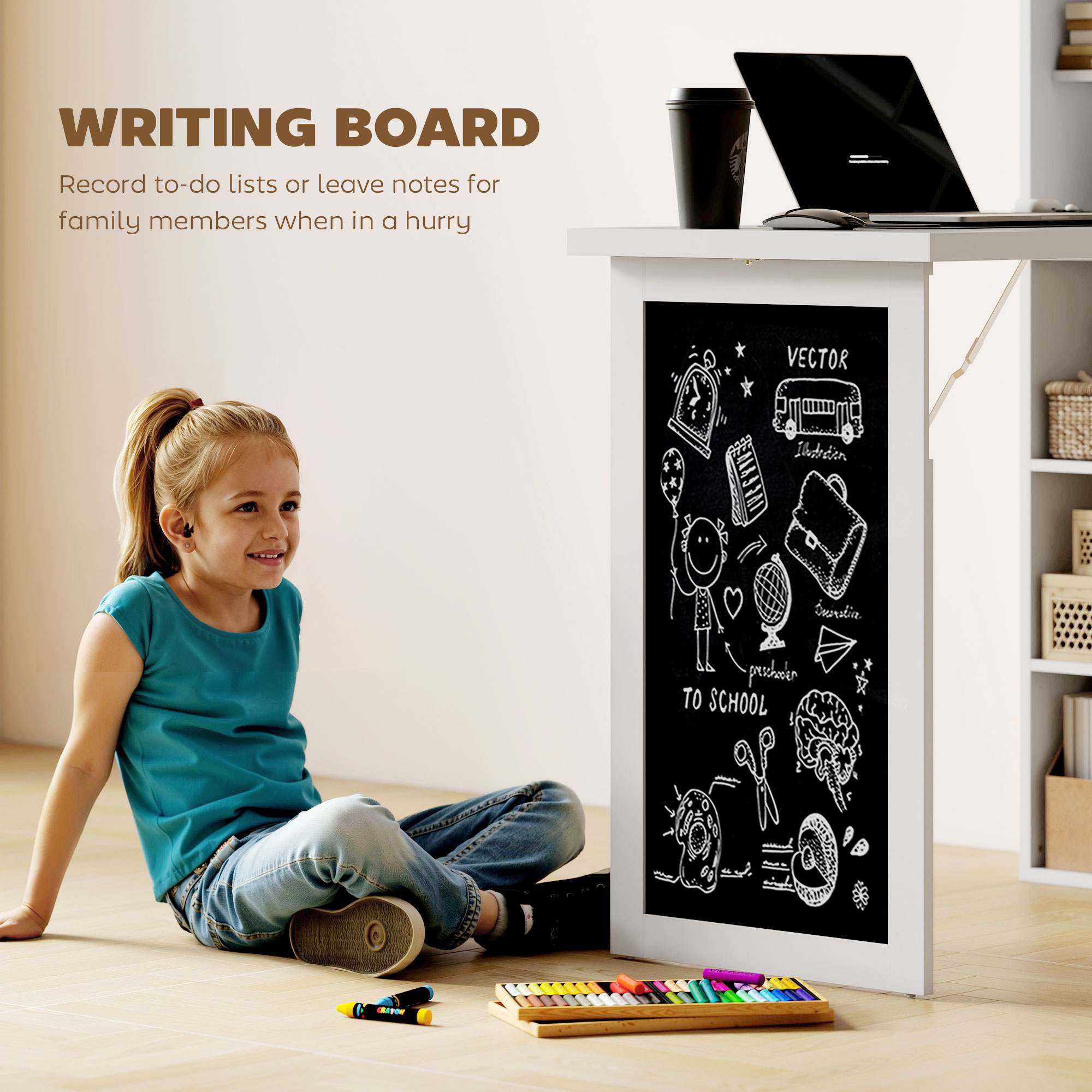 HOMCOM Wall Mounted Computer Desk, Folding Study Table with Black Board and Bookshelf, Multifunctional Floating Writing Desk for Home Office, White 6