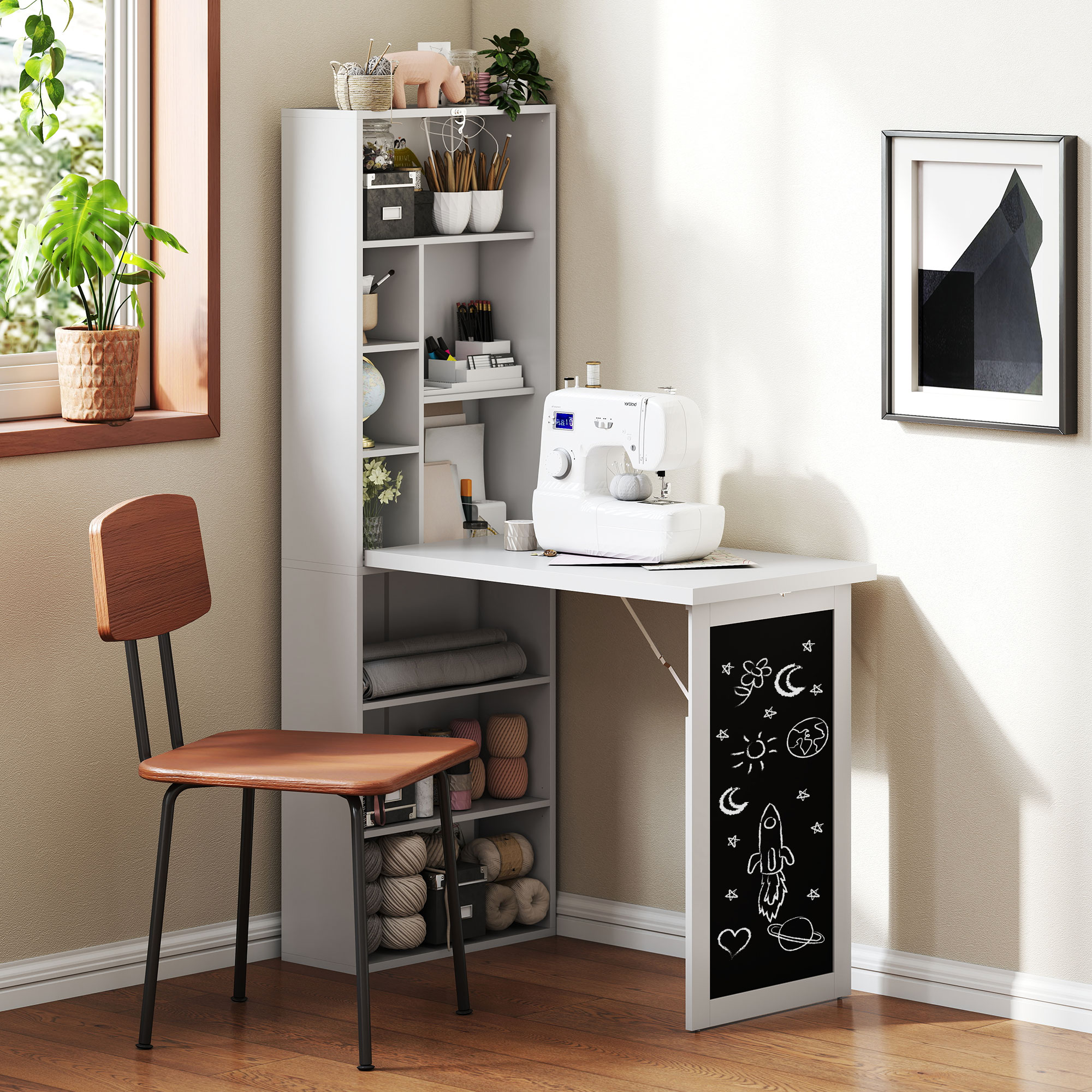 HOMCOM Wall Mounted Computer Desk, Folding Study Table with Black Board and Bookshelf, Multifunctional Floating Writing Desk for Home Office, White 9