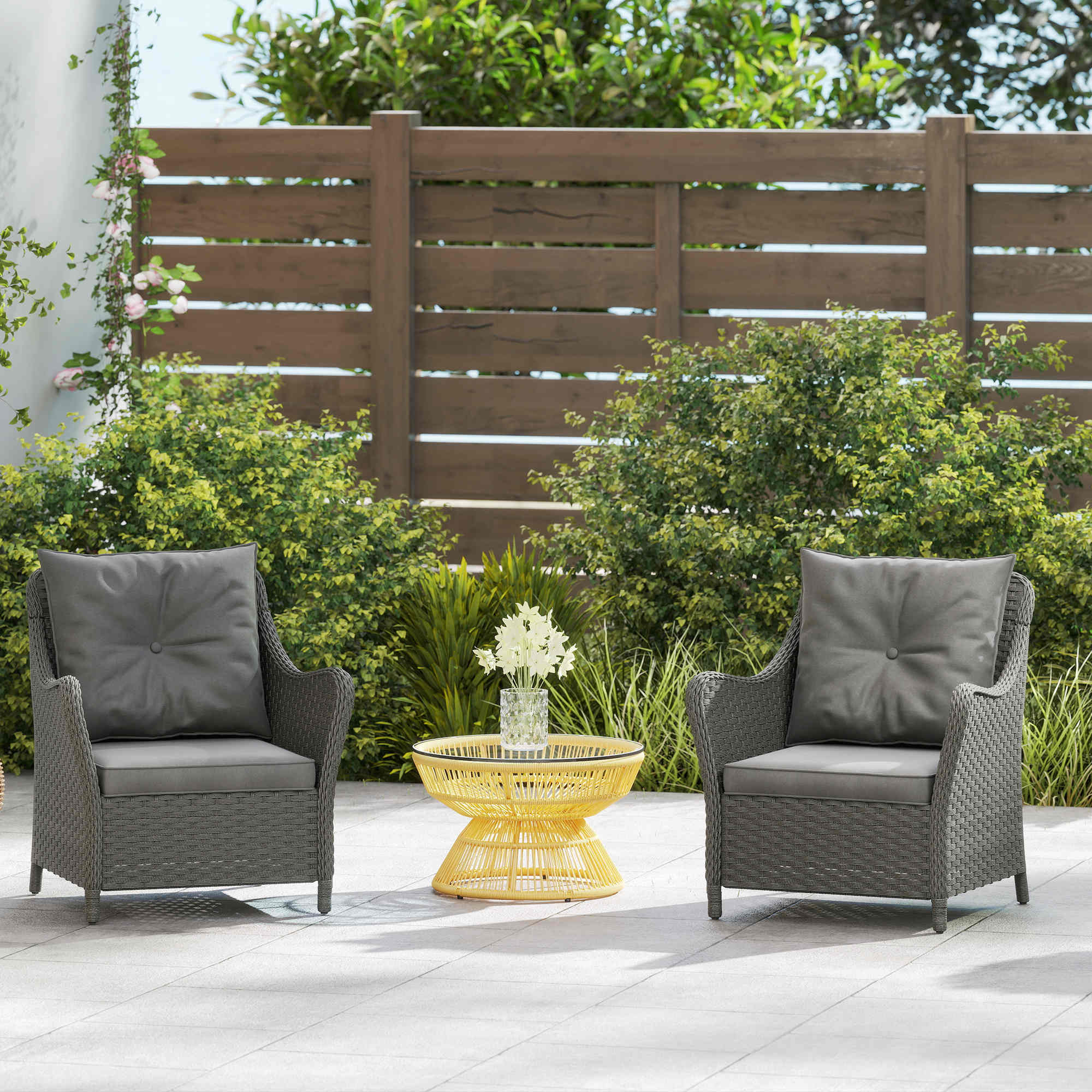 Outsunny Rattan Garden Chairs Set of 2, Outdoor Rattan Chairs with Cushions, Armrests and High Back, PE Wicker Garden Armchair with Steel Frame for Balcony, Porch, Dark Grey 9