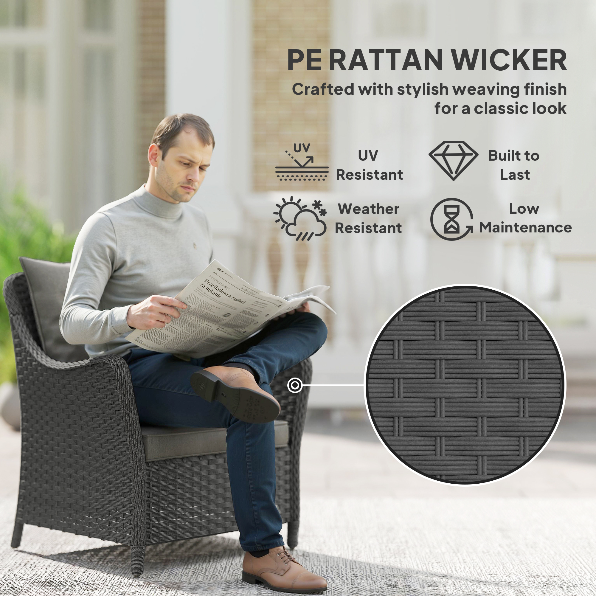 Outsunny Rattan Garden Chairs Set of 2, Outdoor Rattan Chairs with Cushions, Armrests and High Back, PE Wicker Garden Armchair with Steel Frame for Balcony, Porch, Dark Grey 4