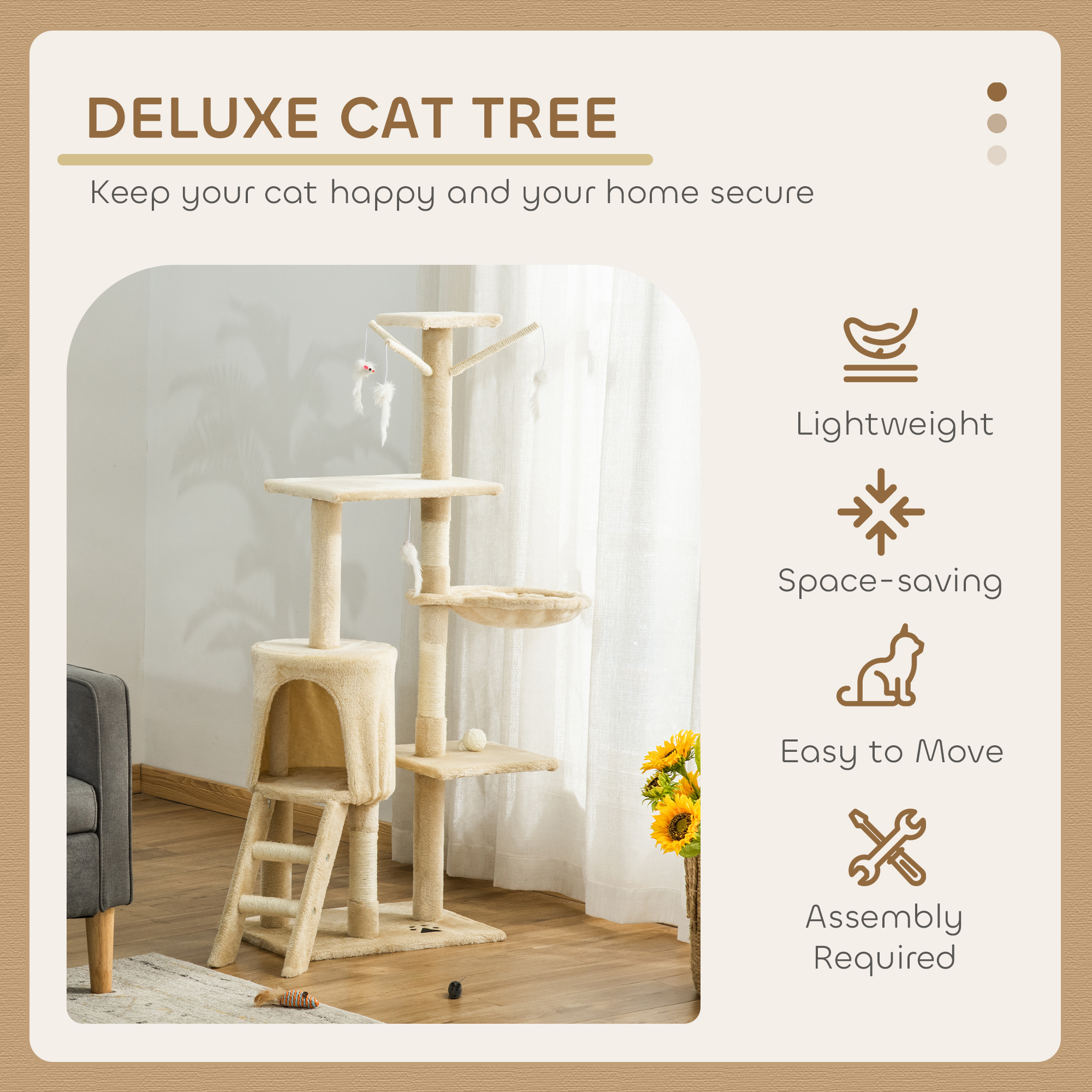 PawHut Multi-Level Cat Tree with Scratching Post, Ladder, Cat House, Beige 4