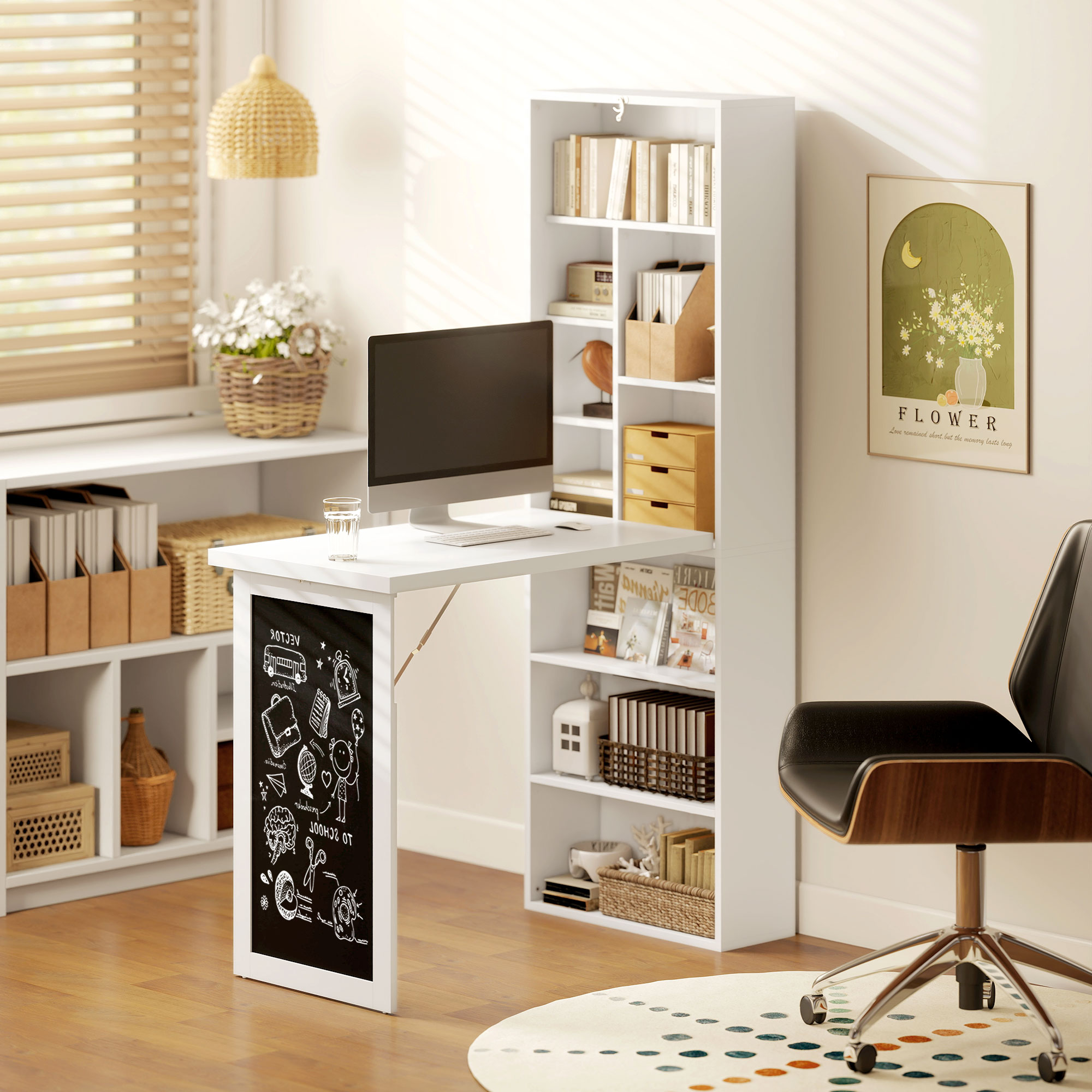 HOMCOM Wall Mounted Computer Desk, Folding Study Table with Black Board and Bookshelf, Multifunctional Floating Writing Desk for Home Office, White 8