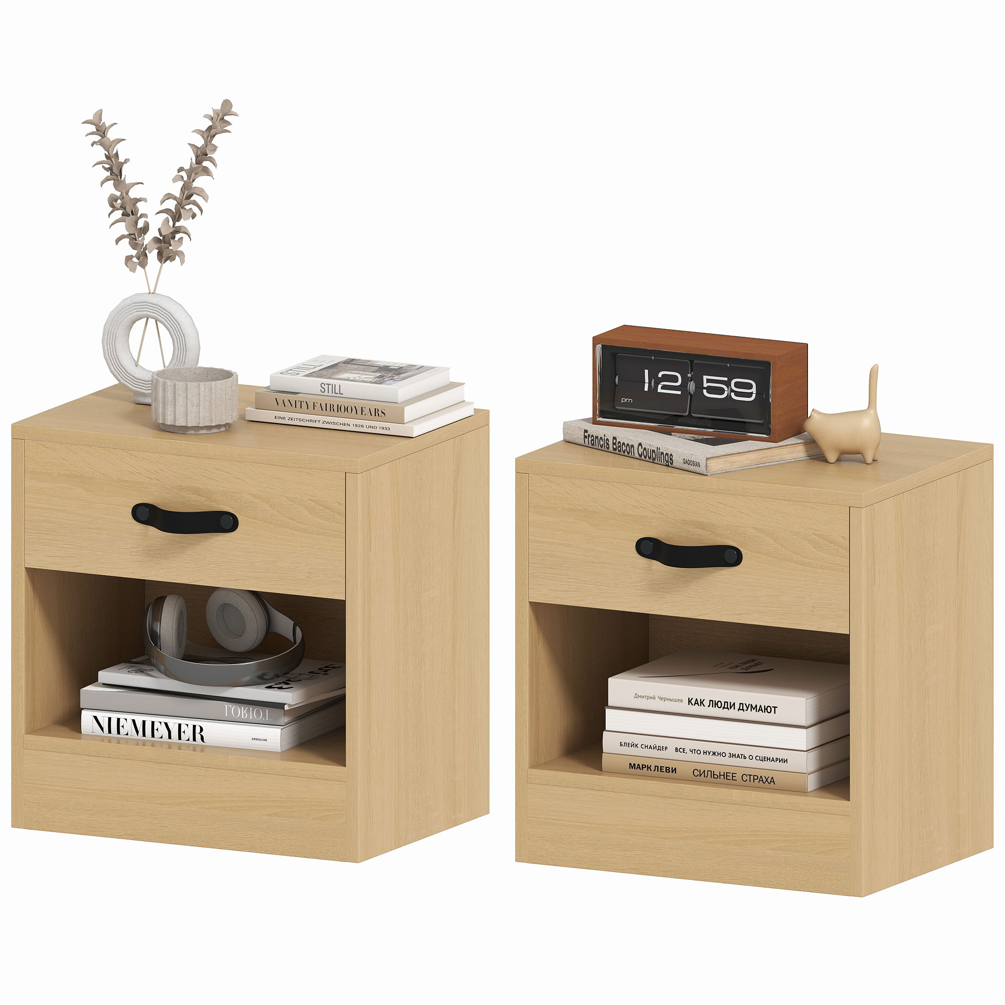 HOMCOM Pack de 2 Tables de Chevet avec Tiroir et Compartiment Ouvert pour Salon 39x28x41 cm Naturel