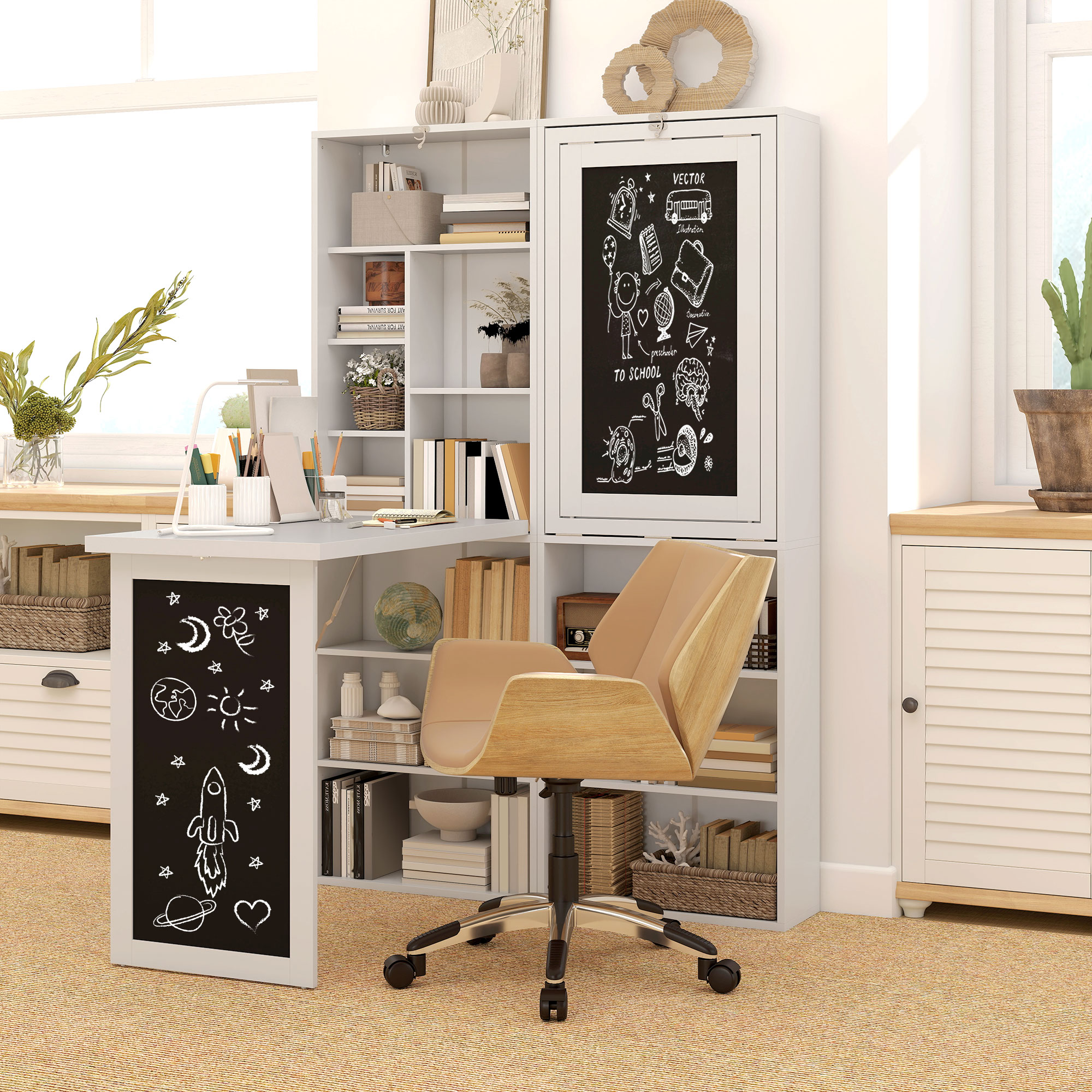 HOMCOM Wall Mounted Computer Desk, Folding Study Table with Black Board and Bookshelf, Multifunctional Floating Writing Desk for Home Office, White 2