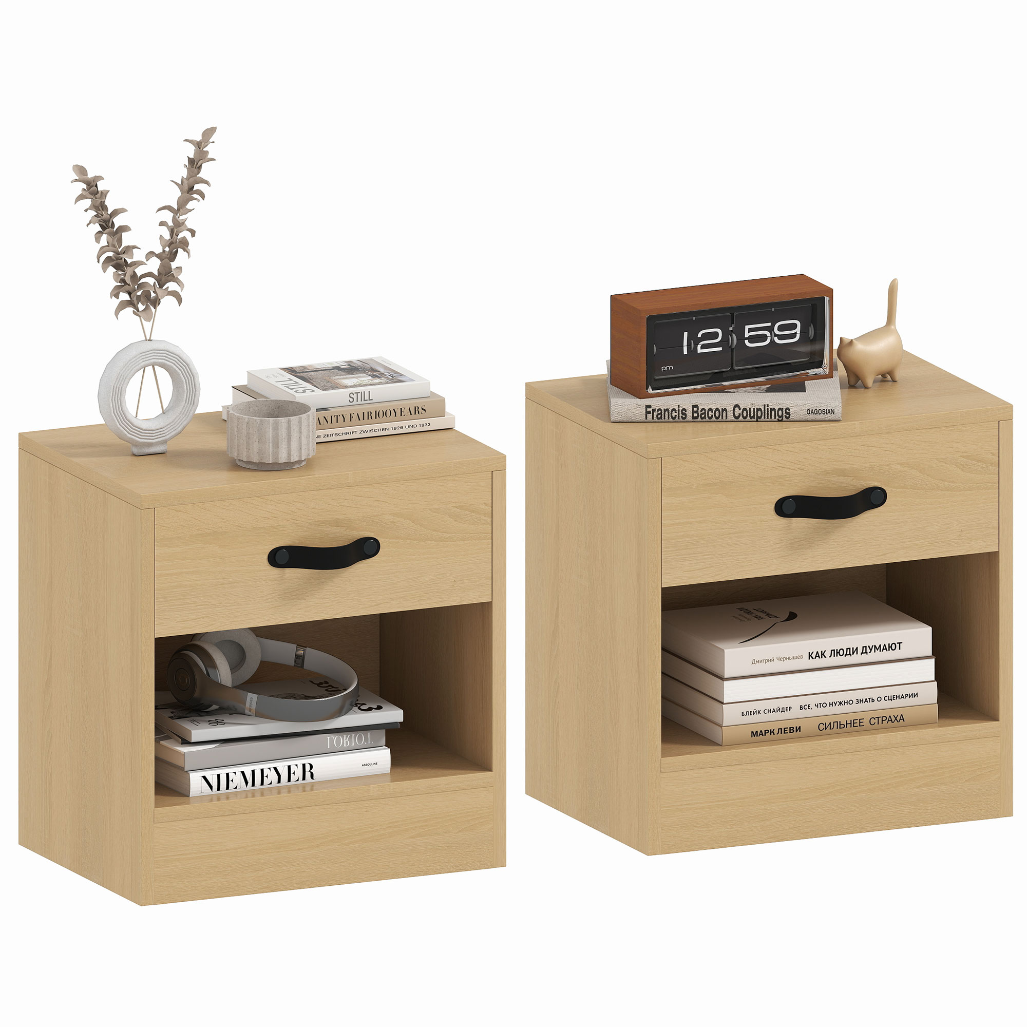 HOMCOM Set di 2 Comodini con Cassetto e Scomparto Aperto per Salotto 39x28x41 cm Naturale   Aosom Italy