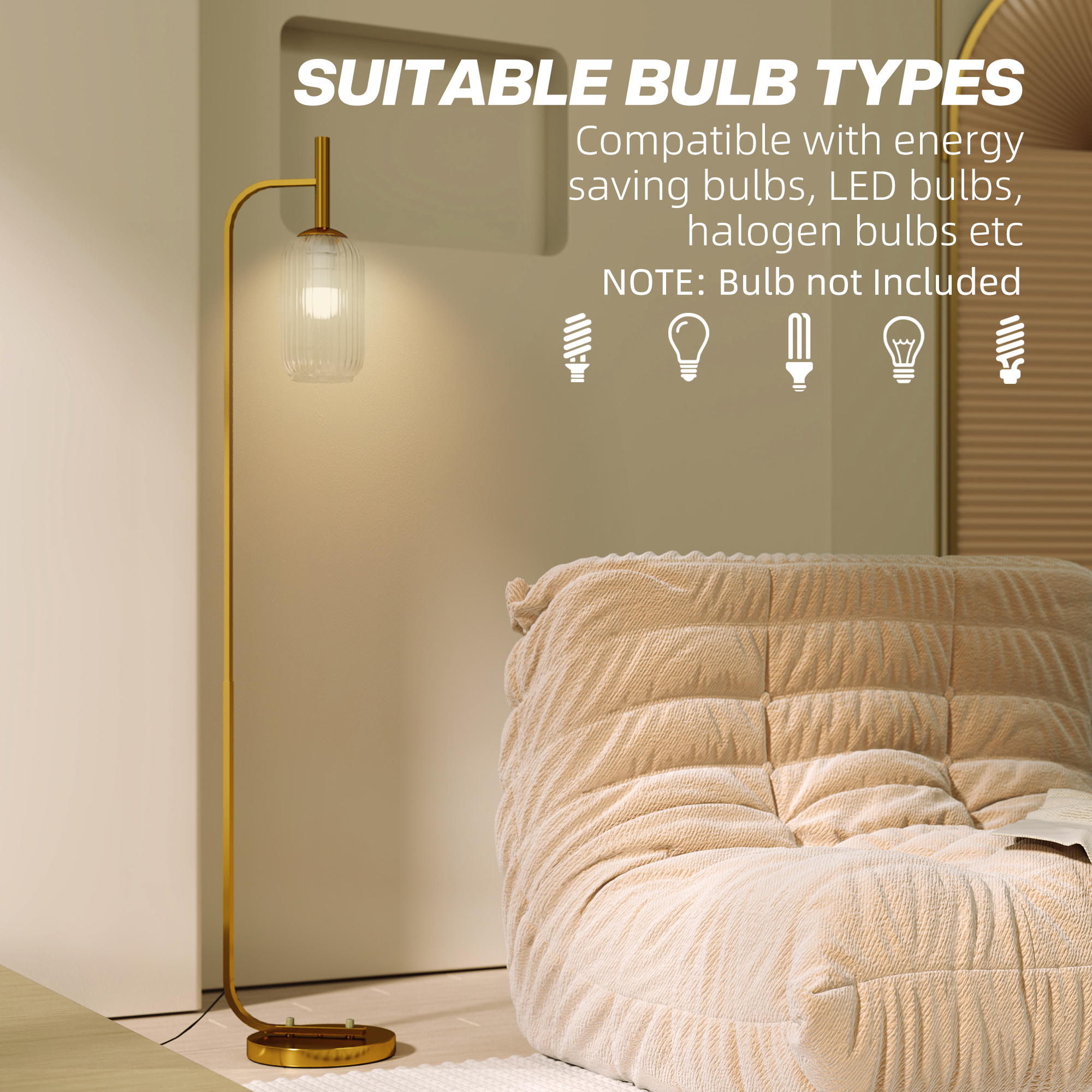 HOMCOM Floor Lamp for Living Room with Glass Lampshade, Modern Standing Lamp with Foot Switch for Bedroom, Bulb not Included, Gold Tone 7