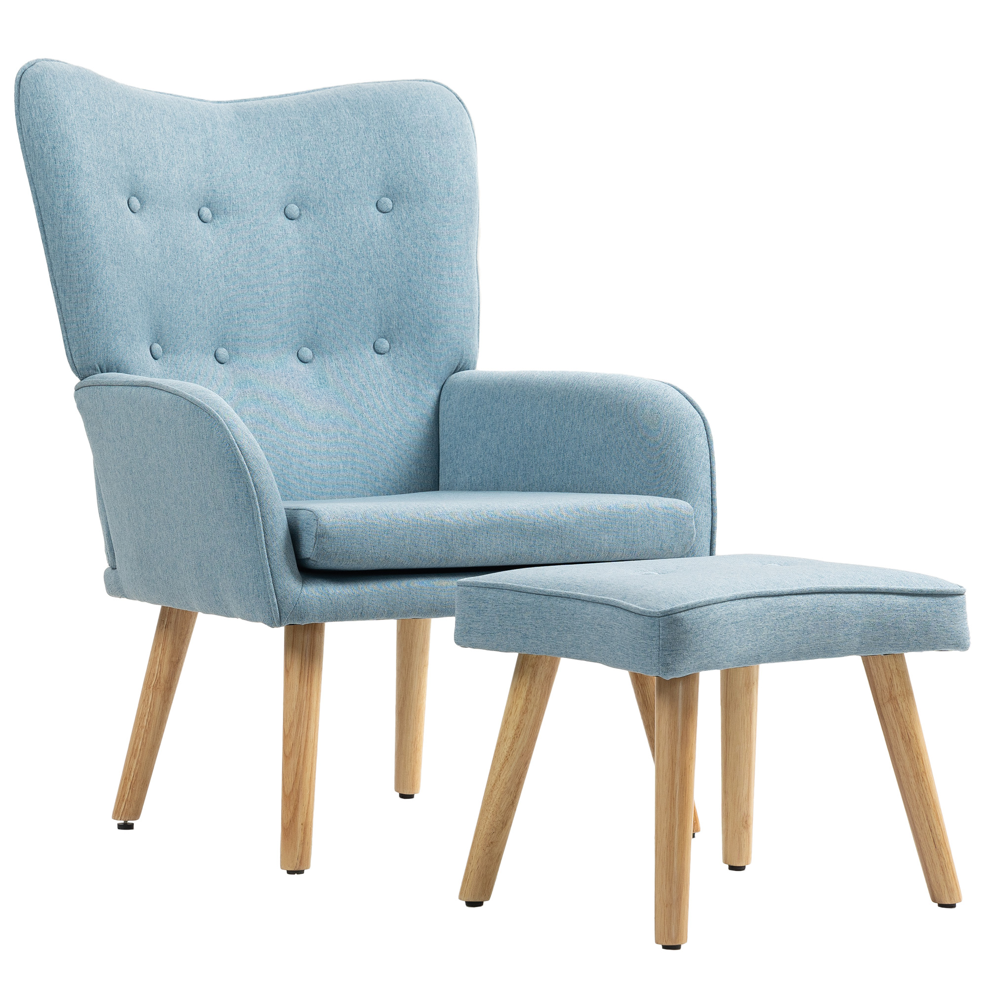 HOMCOM Poltrona com Apoio para Pés Poltrona de Leitura com Capitonê Pés de Madeira e Revestimento em Linho 70x72x94 cm Azul Claro Aosom Portugal
