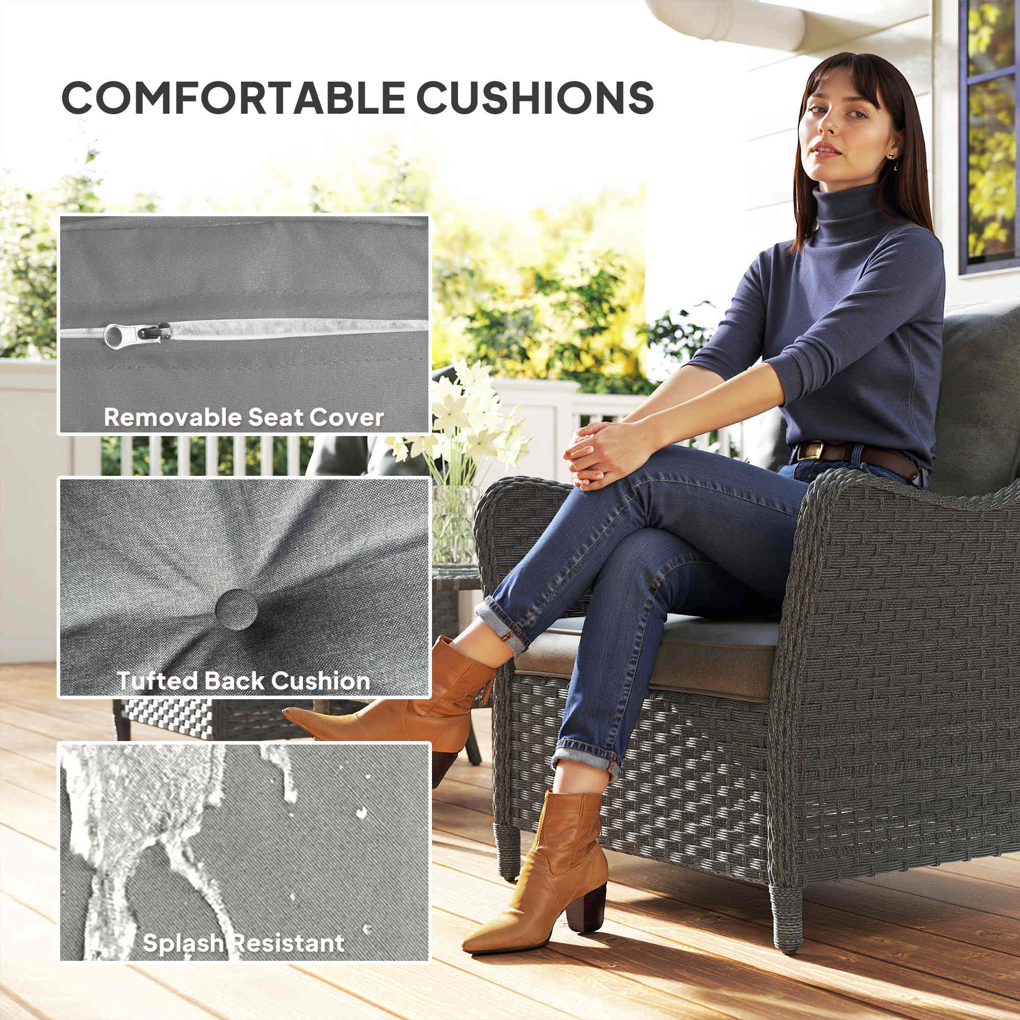 Outsunny Rattan Garden Chairs Set of 2, Outdoor Rattan Chairs with Cushions, Armrests and High Back, PE Wicker Garden Armchair with Steel Frame for Balcony, Porch, Dark Grey 5