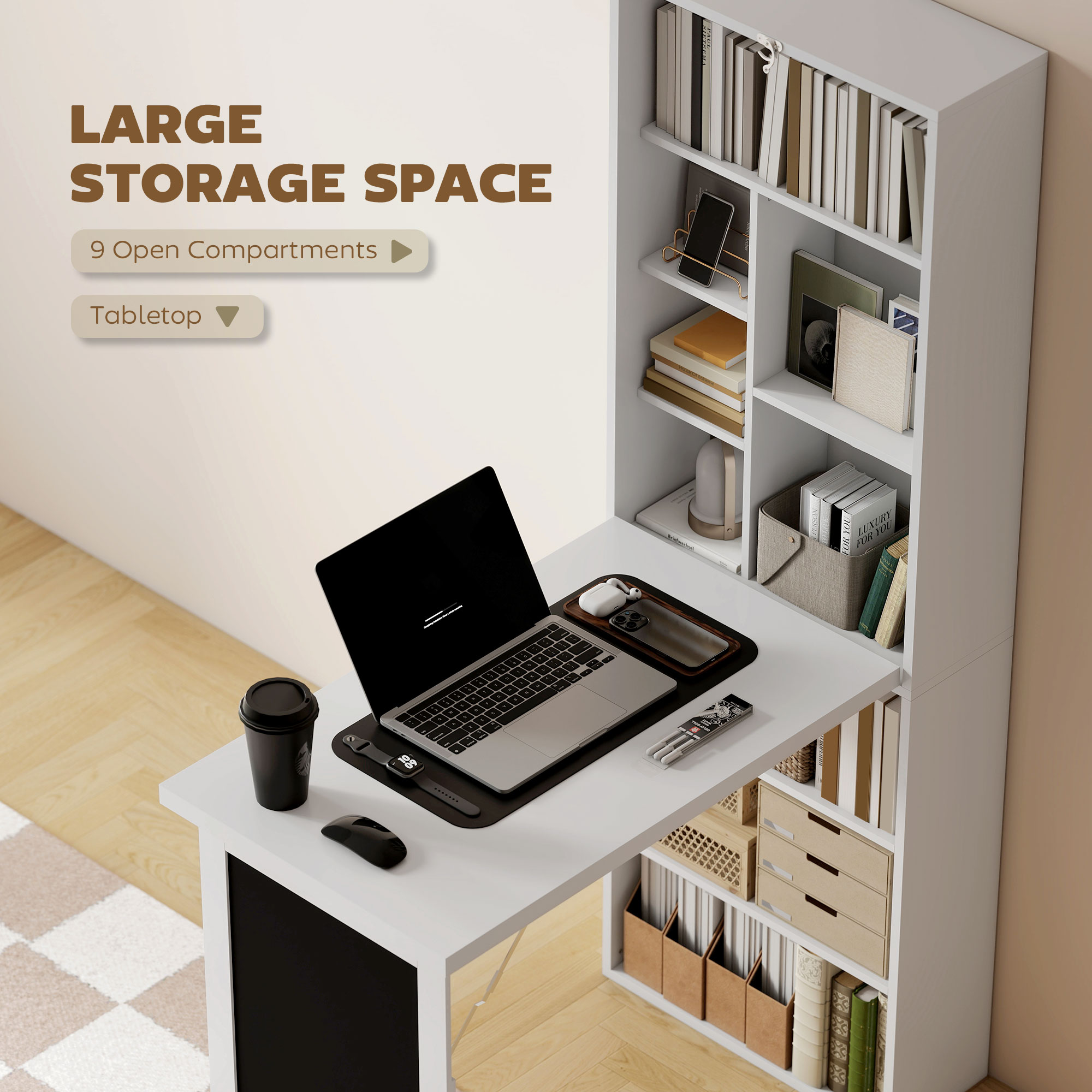 HOMCOM Wall Mounted Computer Desk, Folding Study Table with Black Board and Bookshelf, Multifunctional Floating Writing Desk for Home Office, White 5