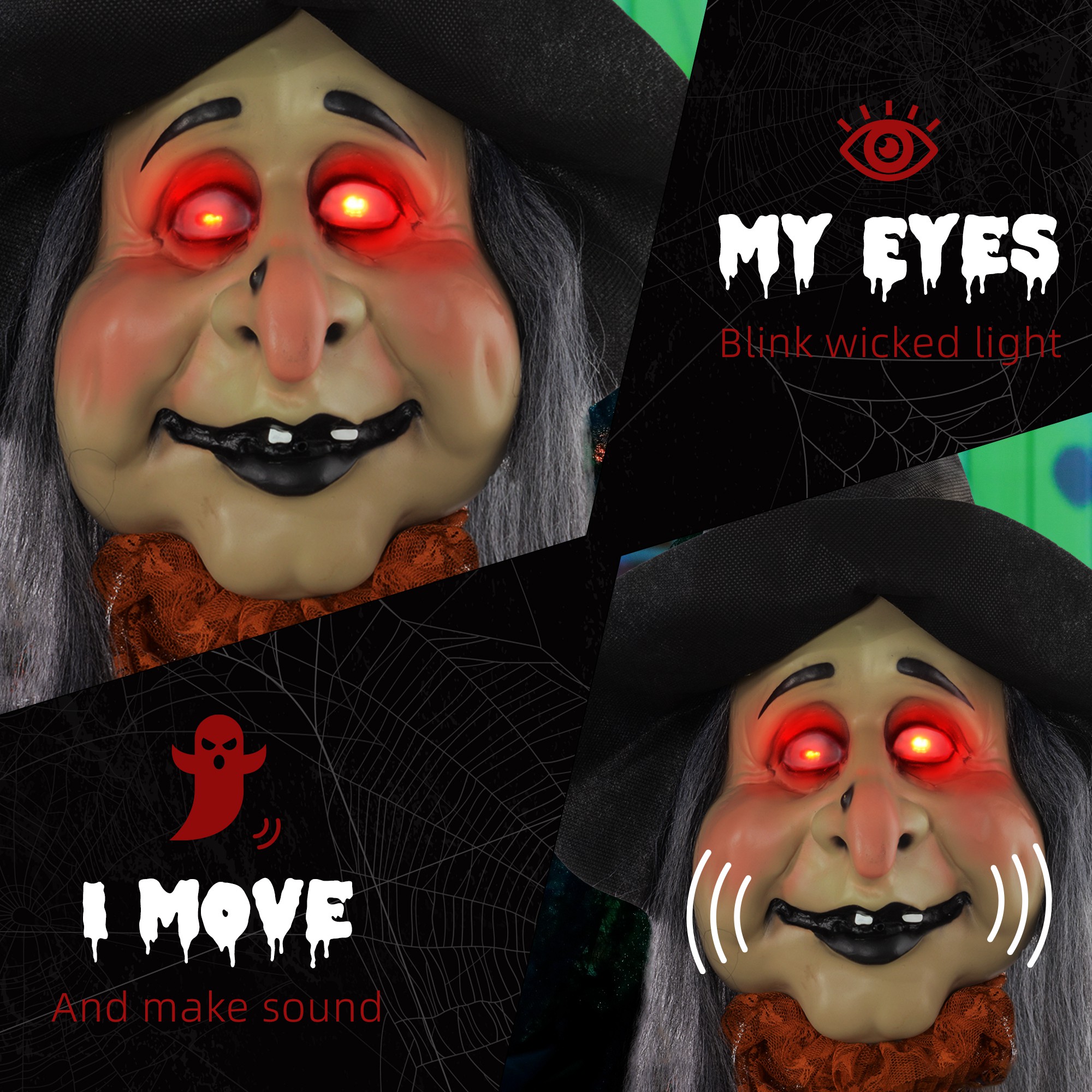HOMCOM 183 cm Life Size Halloween Animated Standing Fat-Faced Witch with Red Light Up Eyes, Sound Activated Moving Arms & Head, Scary Witch Halloween Decorations, Battery Operated, Indoor Party Props 5