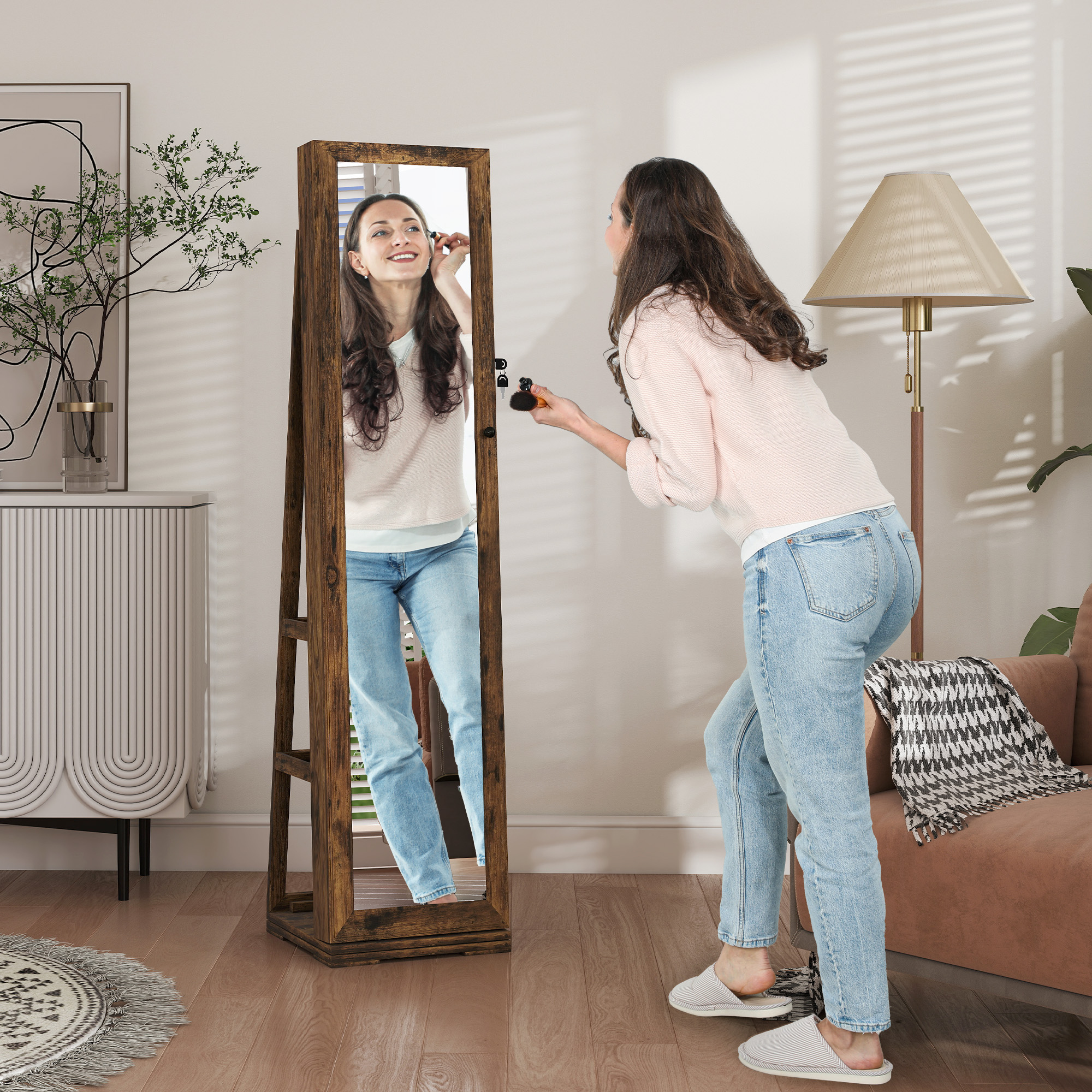 HOMCOM 360° Swivel Jewellery Cabinet, Free Standing Full Length Mirror with Storage, Lockable Jewellery Organiser with Built-in Makeup Mirror and Storage Shelves for Bedroom, Rustic Brown