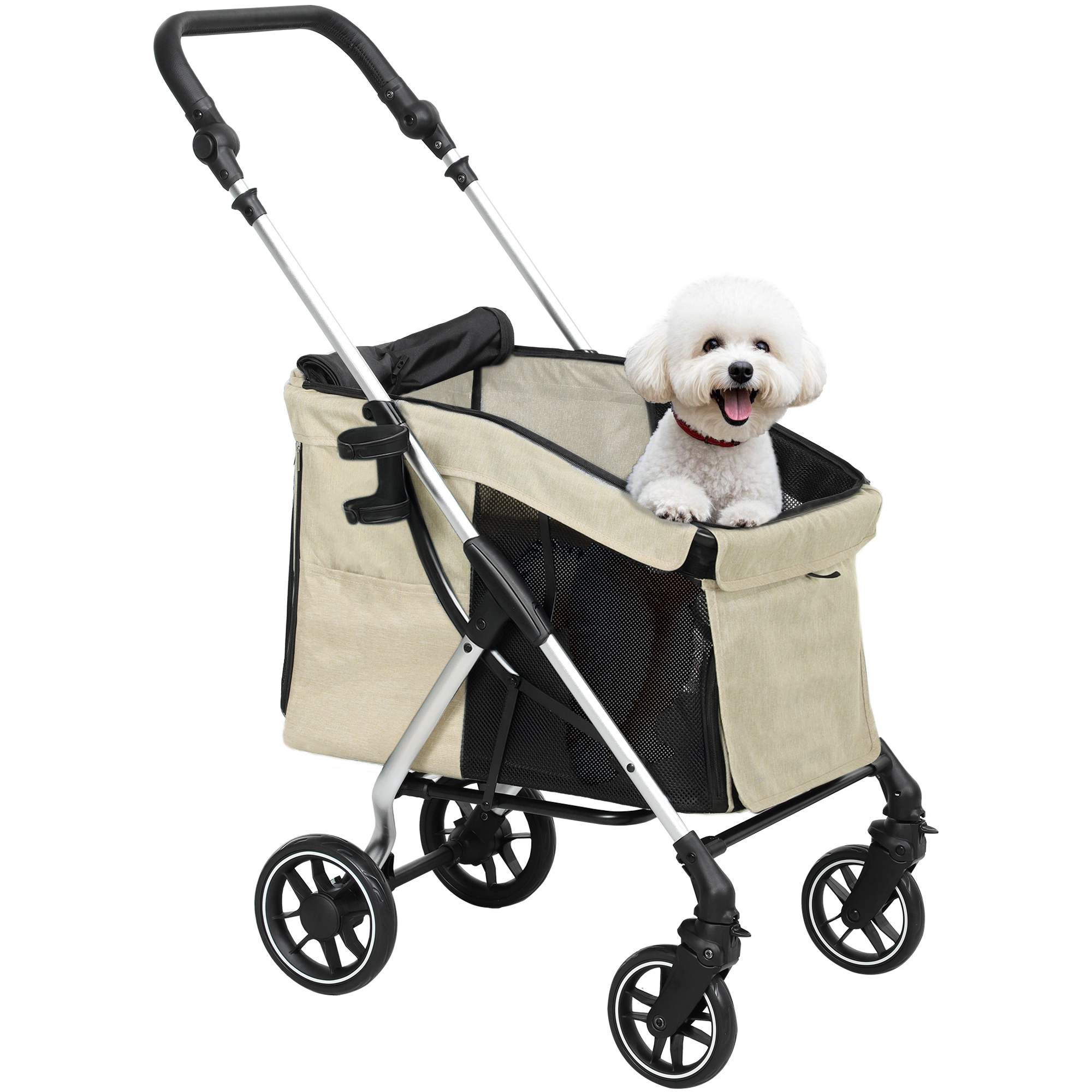 PawHut Cochecito para Mascotas Ligero y Plegable para Perros Pequeños con Ventilación Óptima 80x48,5x106 cm Caqui y Plata