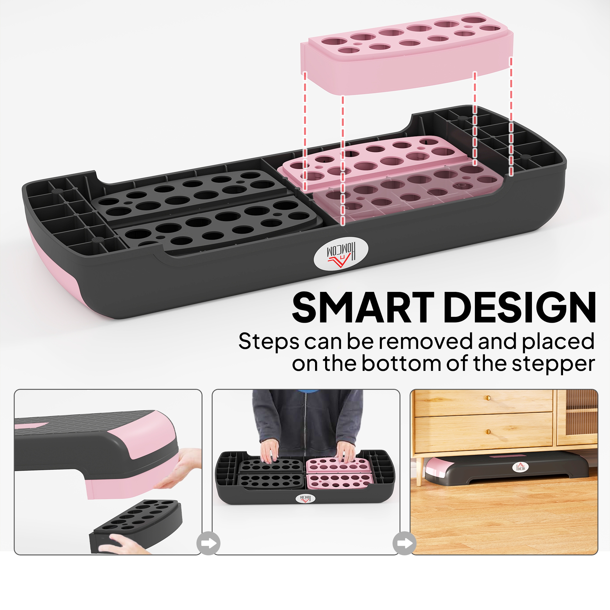 HOMCOM Aerobic Step with 3-Level Adjustable Heights for Home, Office Exercise, Black and Pink 5