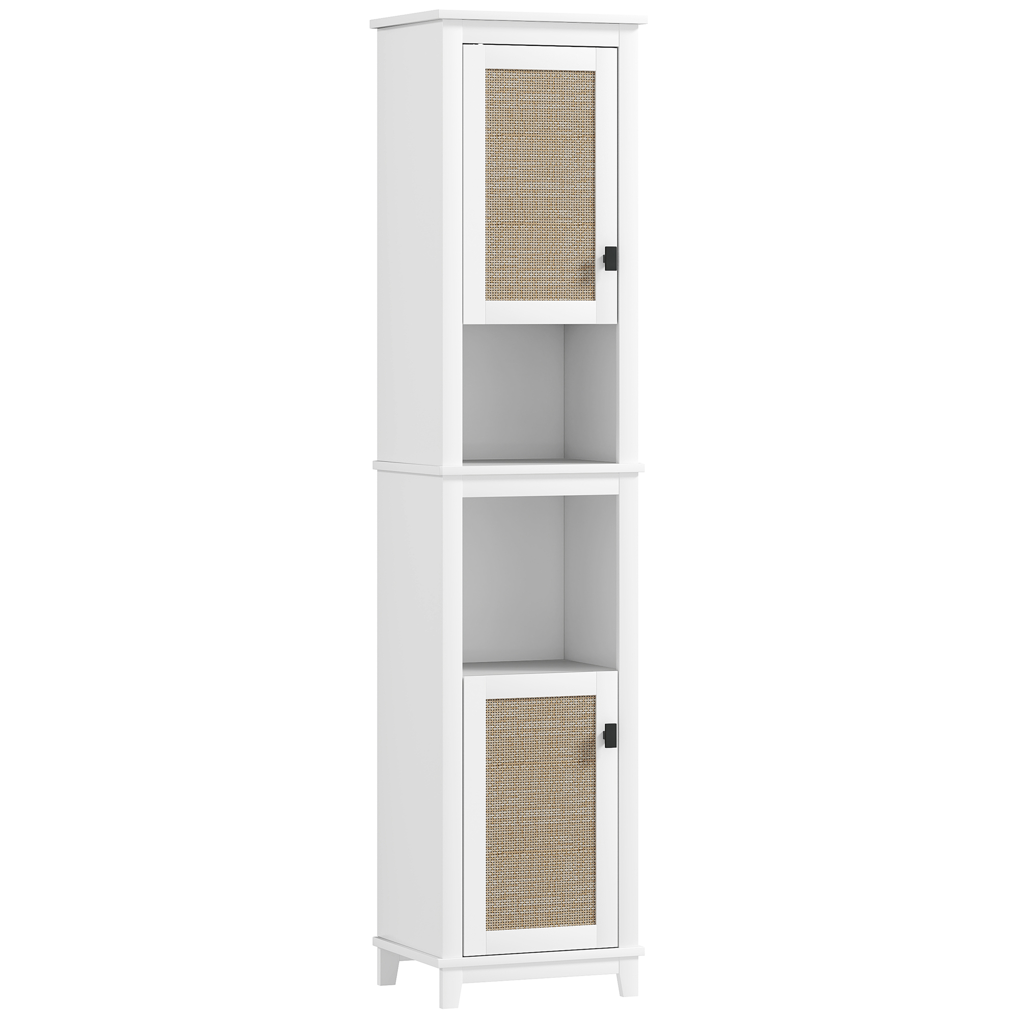 HOMCOM Columna de Baño con Estantes Ajustables 2 Puertas con Frontal de Ratán y 2 Compartimentos 40x30x167,5 cm Blanco