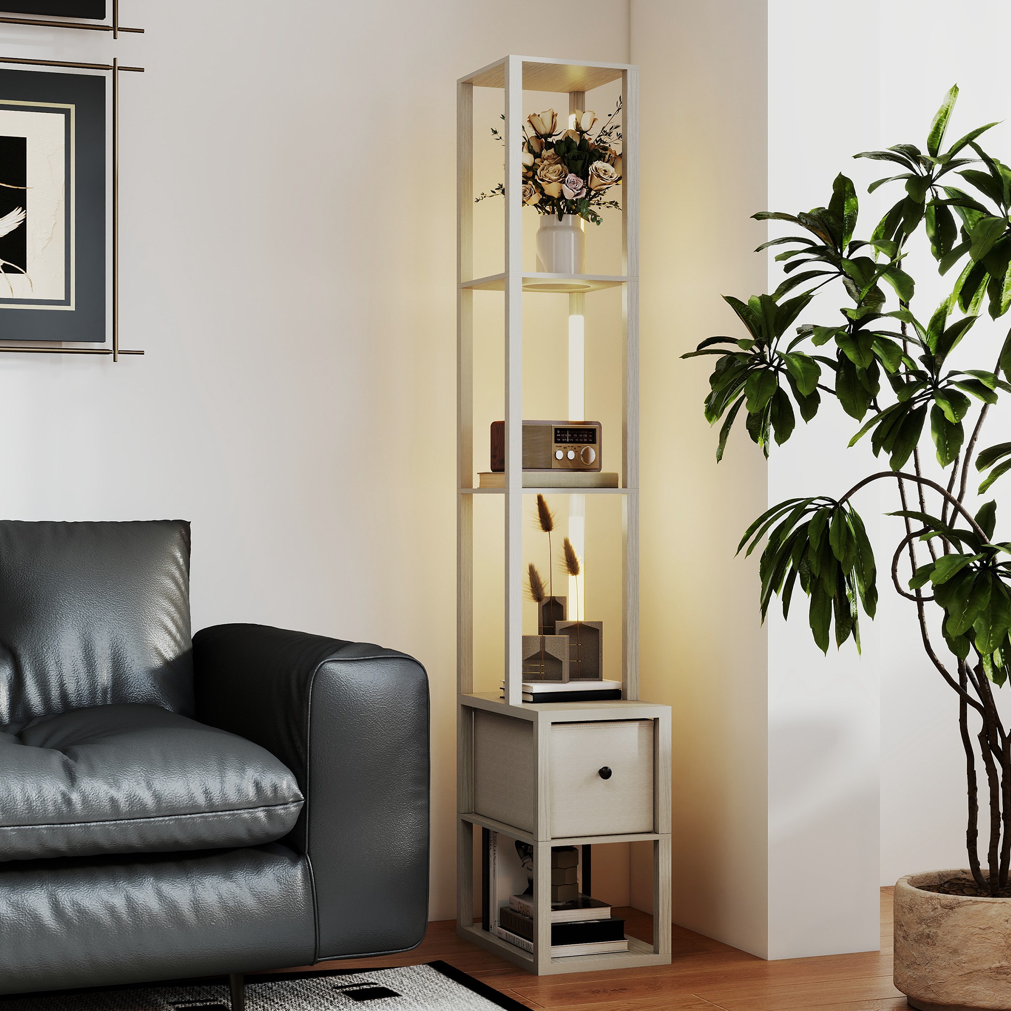 HOMCOM Floor Lamp with Shelves, LED Column Modern Standing Lamp with Fabric Drawer, Adjustable Brightness, Foot Switch for Living Room, Bedroom, Office, Oak 8