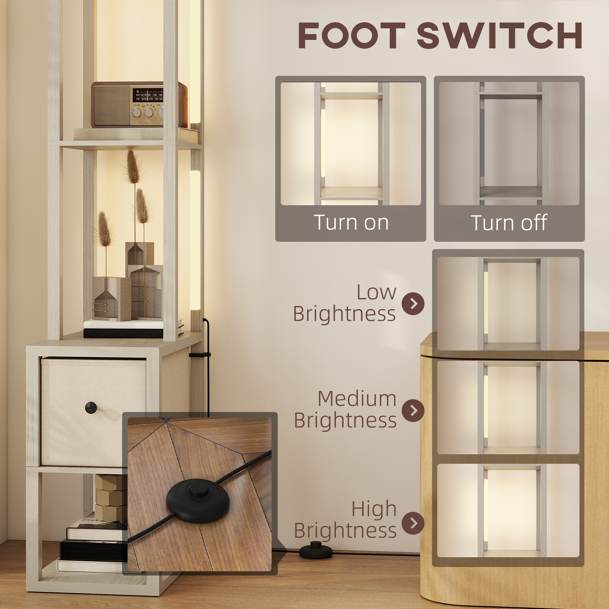 HOMCOM Floor Lamp with Shelves, LED Column Modern Standing Lamp with Fabric Drawer, Adjustable Brightness, Foot Switch for Living Room, Bedroom, Office, Oak 6