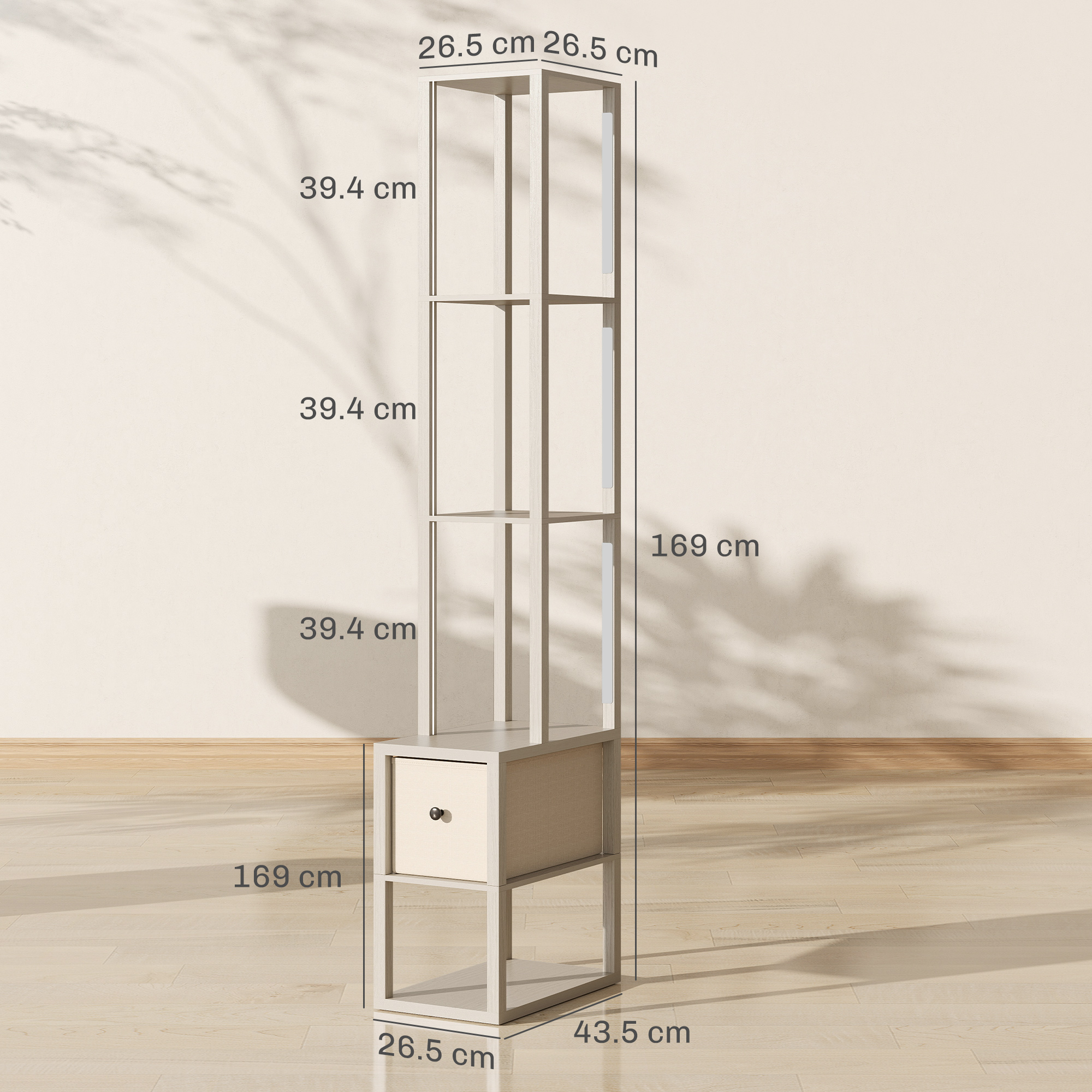 HOMCOM Floor Lamp with Shelves, LED Column Modern Standing Lamp with Fabric Drawer, Adjustable Brightness, Foot Switch for Living Room, Bedroom, Office, Oak 3