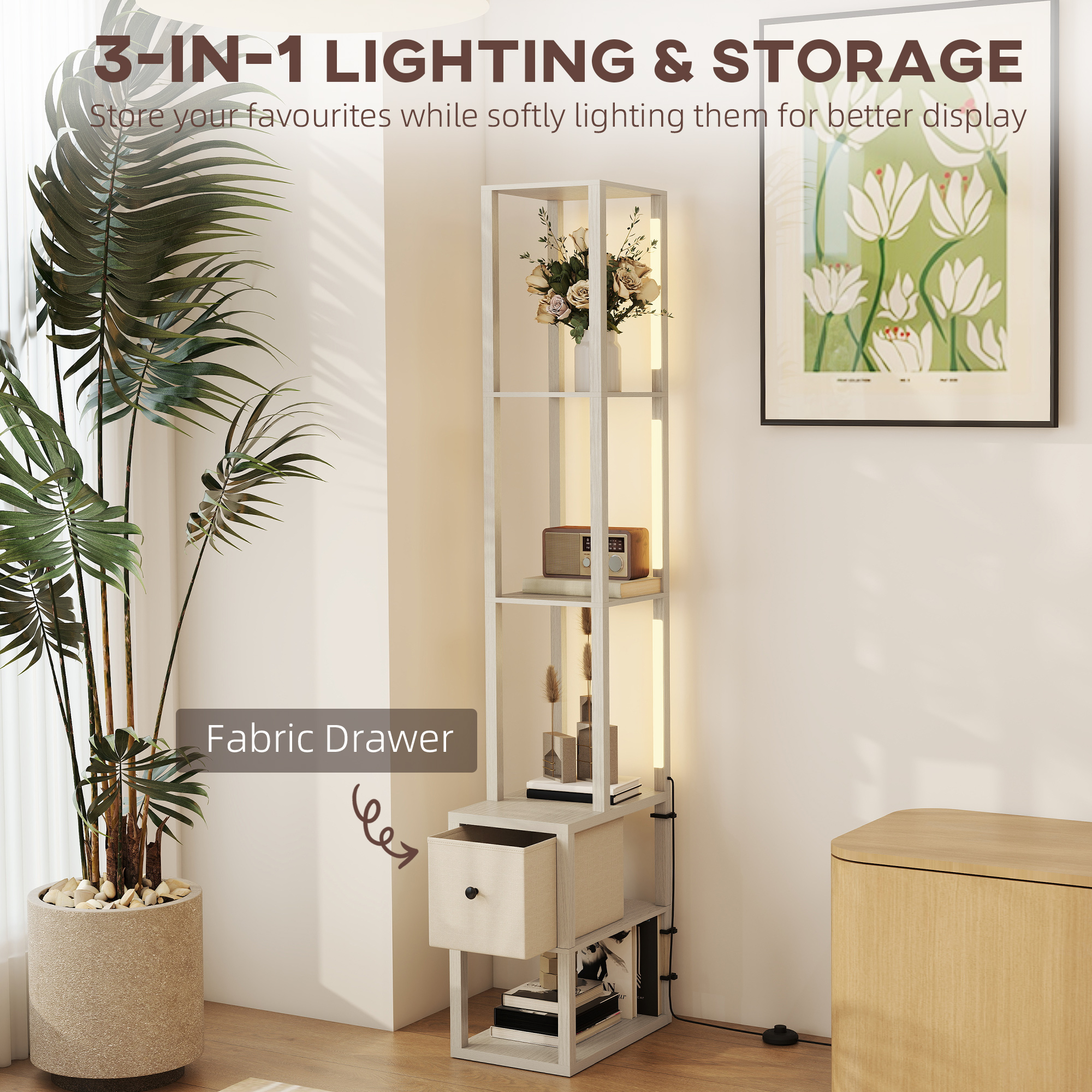 HOMCOM Floor Lamp with Shelves, LED Column Modern Standing Lamp with Fabric Drawer, Adjustable Brightness, Foot Switch for Living Room, Bedroom, Office, Oak 4