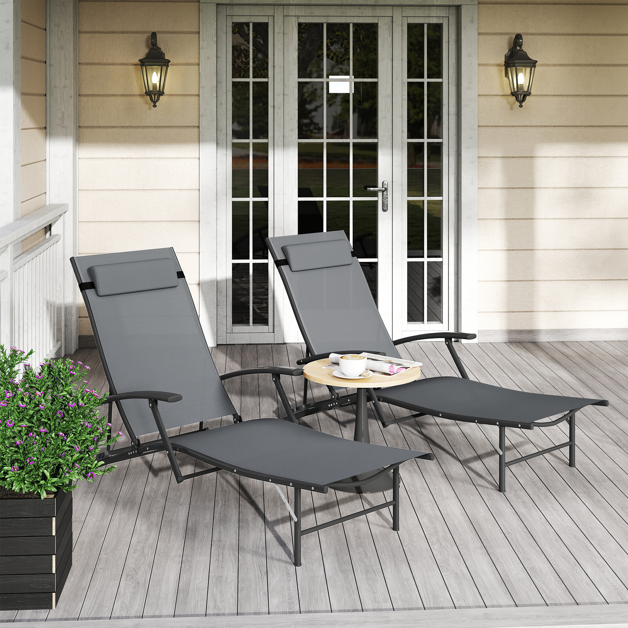  Set de 2 sezlonguri Pliante, Ajustabile in 4 Pozitii cu Cotiere si Perne, 64x154x87 cm, Gri [8]