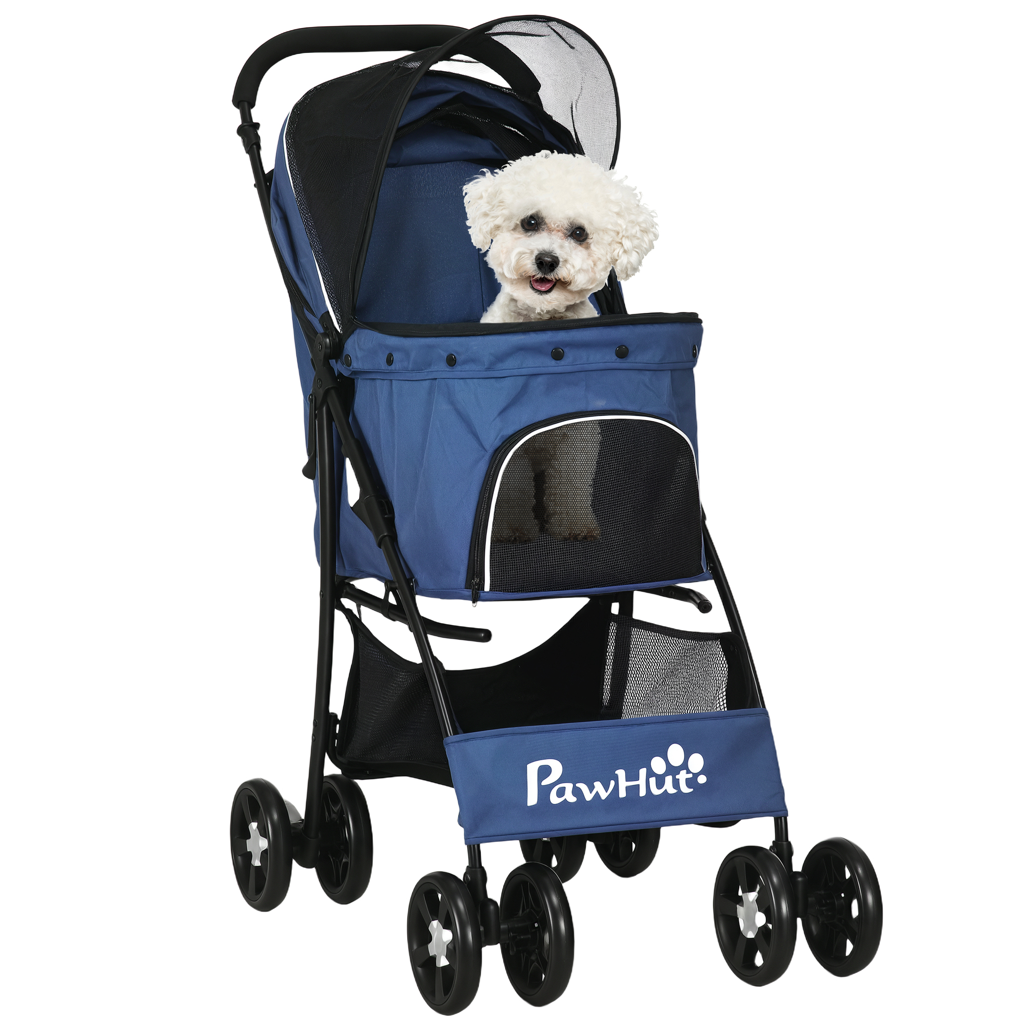 PawHut Cochecito para Perros Pequeños Plegable con Cesta de Almacenaje Capota Ajustable y 2 Ruedas Universales 81x48x99 cm Azul