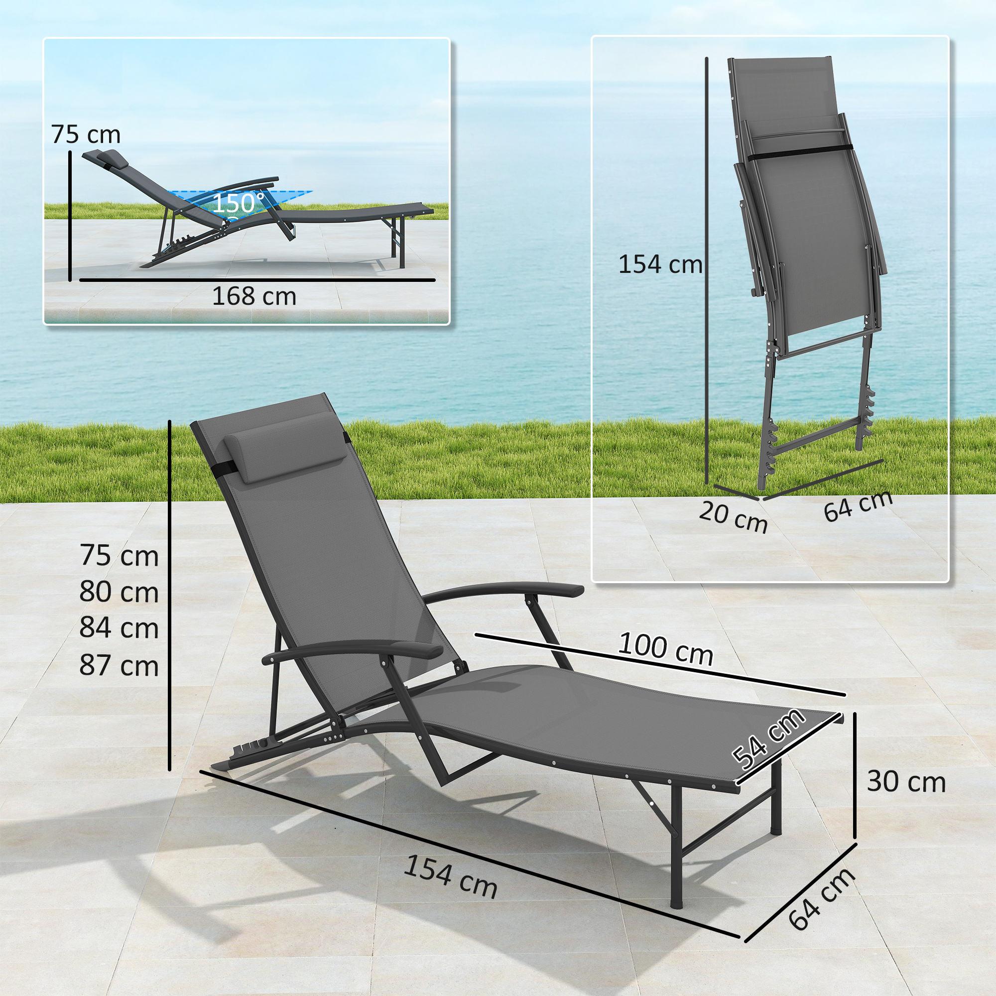  Set de 2 sezlonguri Pliante, Ajustabile in 4 Pozitii cu Cotiere si Perne, 64x154x87 cm, Gri [2]