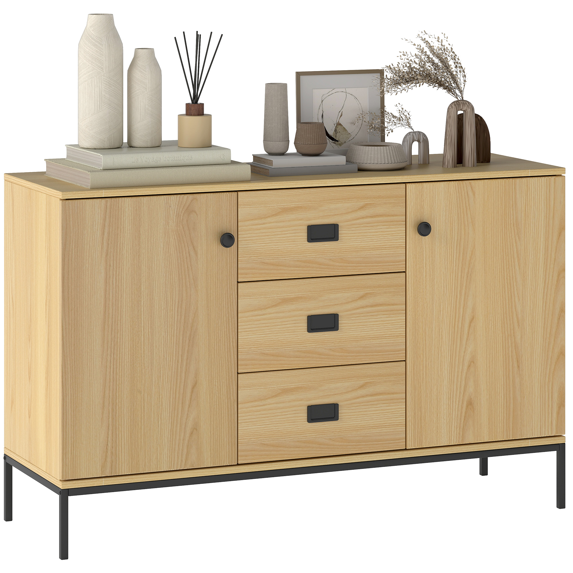 HOMCOM Buffet Meuble de rangement 2 placards étagère réglable 3 tiroirs style contemporain - dim. 120L x 39,5l x 77H cm Aosom France