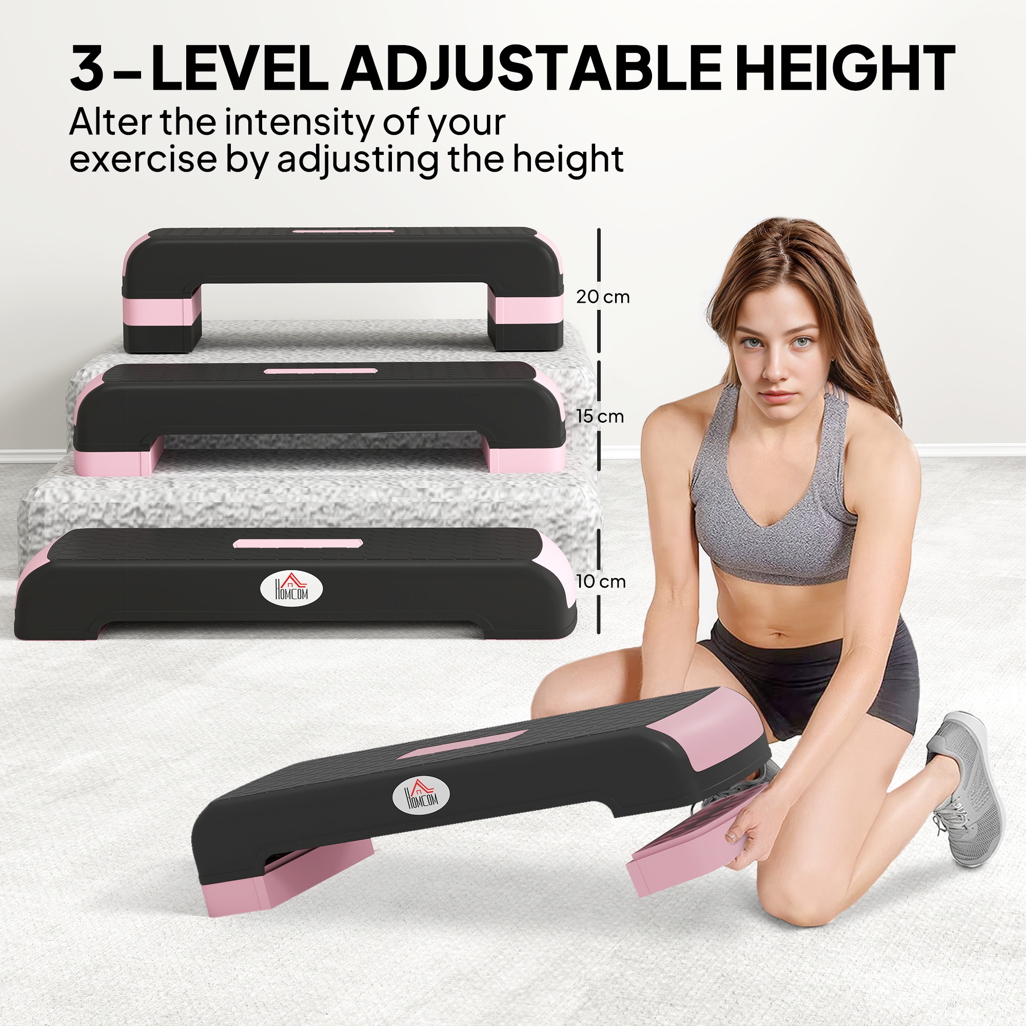 HOMCOM Aerobic Step with 3-Level Adjustable Heights for Home, Office Exercise, Black and Pink 4
